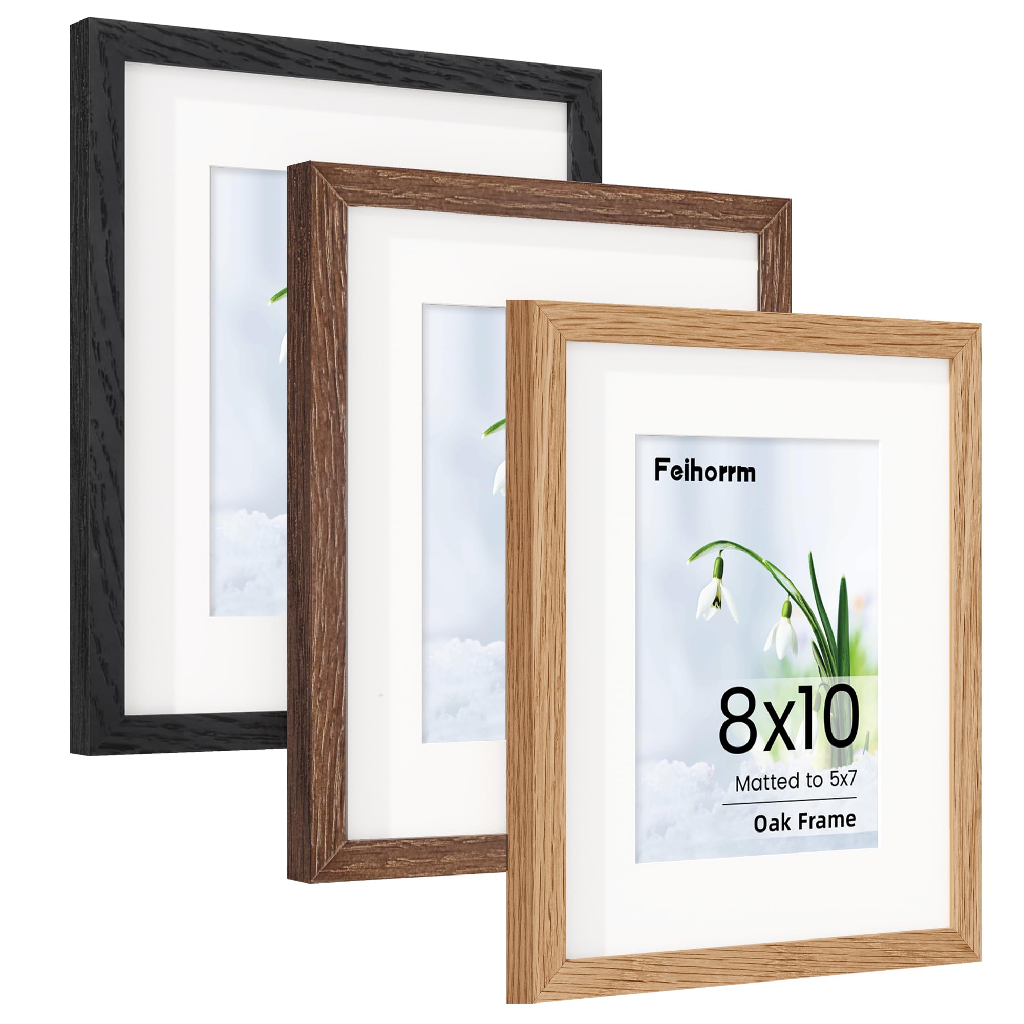 10x8 Photo Frames Set of 3, 8x10 Photo Frame Matted for 5x7 with Real Tempered Glass for Tabletop and Wall Mounting, Multi-Photo 8x10 inch Oak x1, Black x1,Walnut x1 for Family Display โ image 1