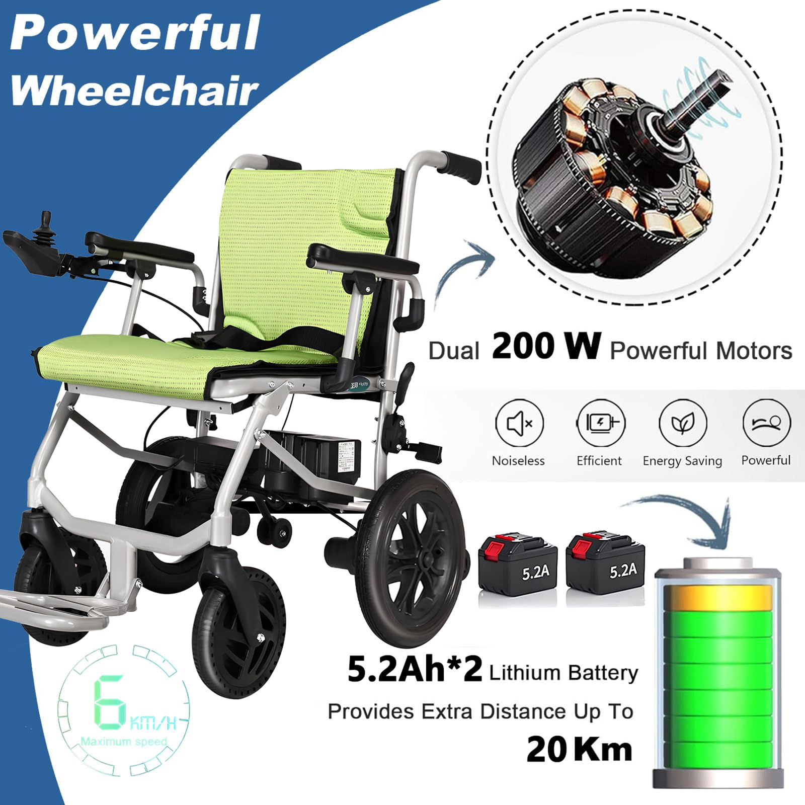 Silla de ruedas eléctrica plegable ligera, scooter portátil de movilidad para personas mayores, capacidad de 120 kg, motor de 400 W, alcance de 20 km, freno automático de doble control