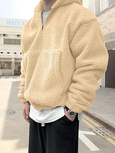 Miniatura 3 de Mens Sherpa Fuzzy Pullover Hoodie Sweatshirts 14 Zip Up Oversized Top Long Sleeve Fleece Jacket with Pockets