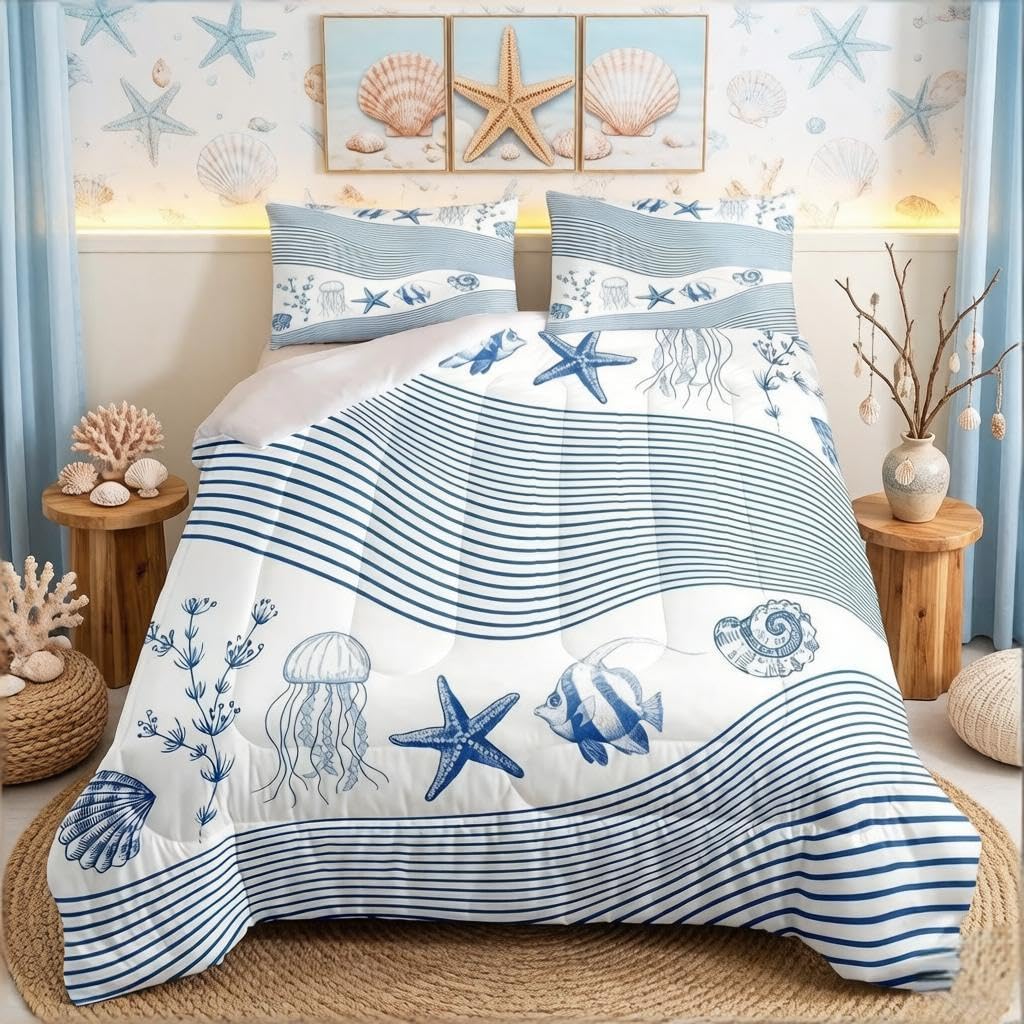 Ocean Sea Comforter Set Meduse Stelle marine Creatura Sealife Stripe Set Biancheria da Letto per Ragazzi Ragazze Bambino Blu Bianco Piumino 230x220cm