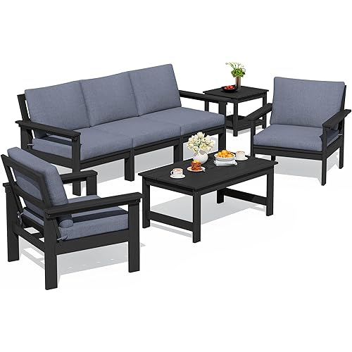 SERWALL HDPE Patio Furniture Set, 7-piece Outdoor Sectional Sofa Set, All Weather Outdoor Couch Set for Deck, Lawn, Black Frame with Grey Cushion