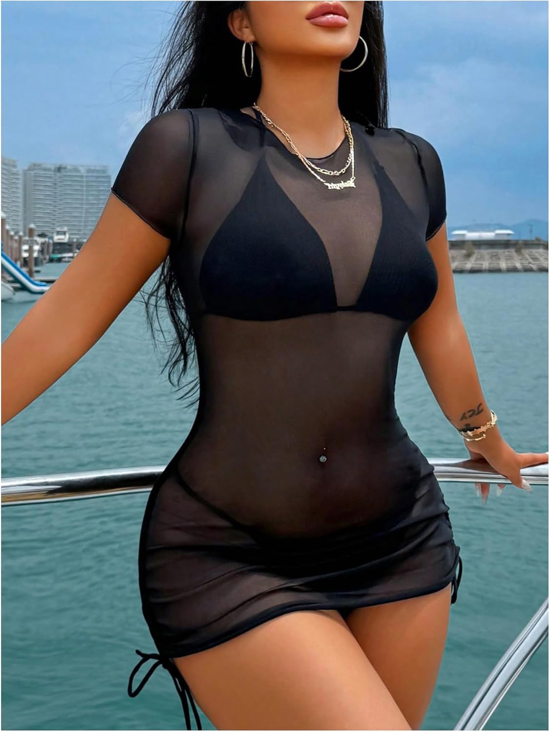 Women's Drawstring Ruched Swimsuit Coverup Short Sleeve Sheer Mesh Beach Dress Bathing Suit Cover Up - Image 4