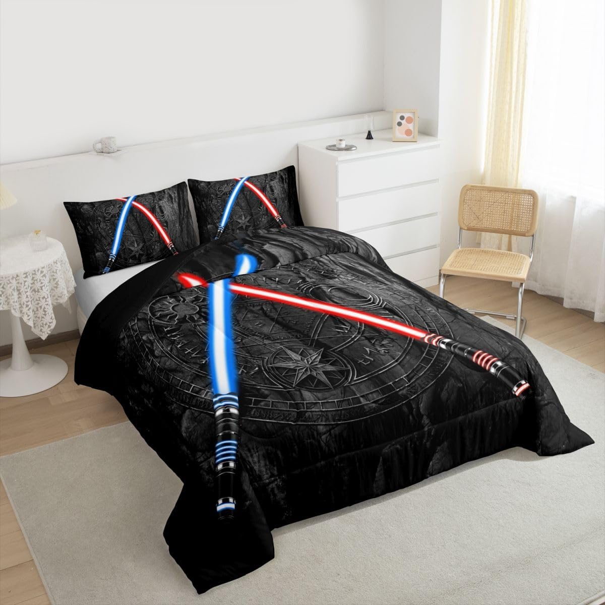 Castle Fairy Lightsaber Comforter Set Full Size 3D Neon Blue Red Bedding Set 3Pcs Geometric Sun Moon Round Quilt Set for Kids Boys Girls Teens Room Decor Fashion Vintage Stone Wall Duvet Insert,Black