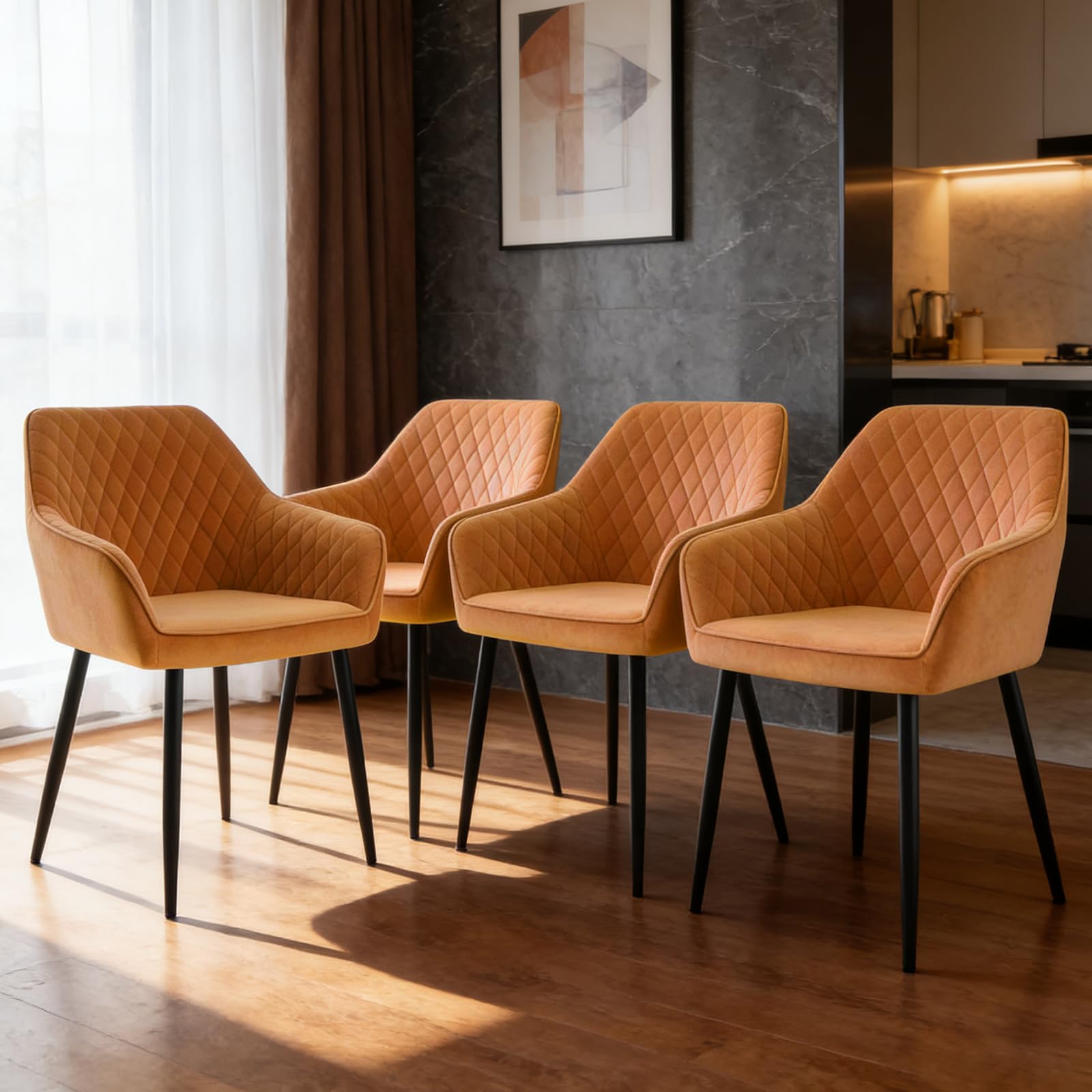 ZOONFA Set of 4 Upholstered Dining Chairs Velvet Kitchen Chairs with Padded High Back Armchair with Black Metal Legs Tub Chair for Dining Room Living Room (Orange)