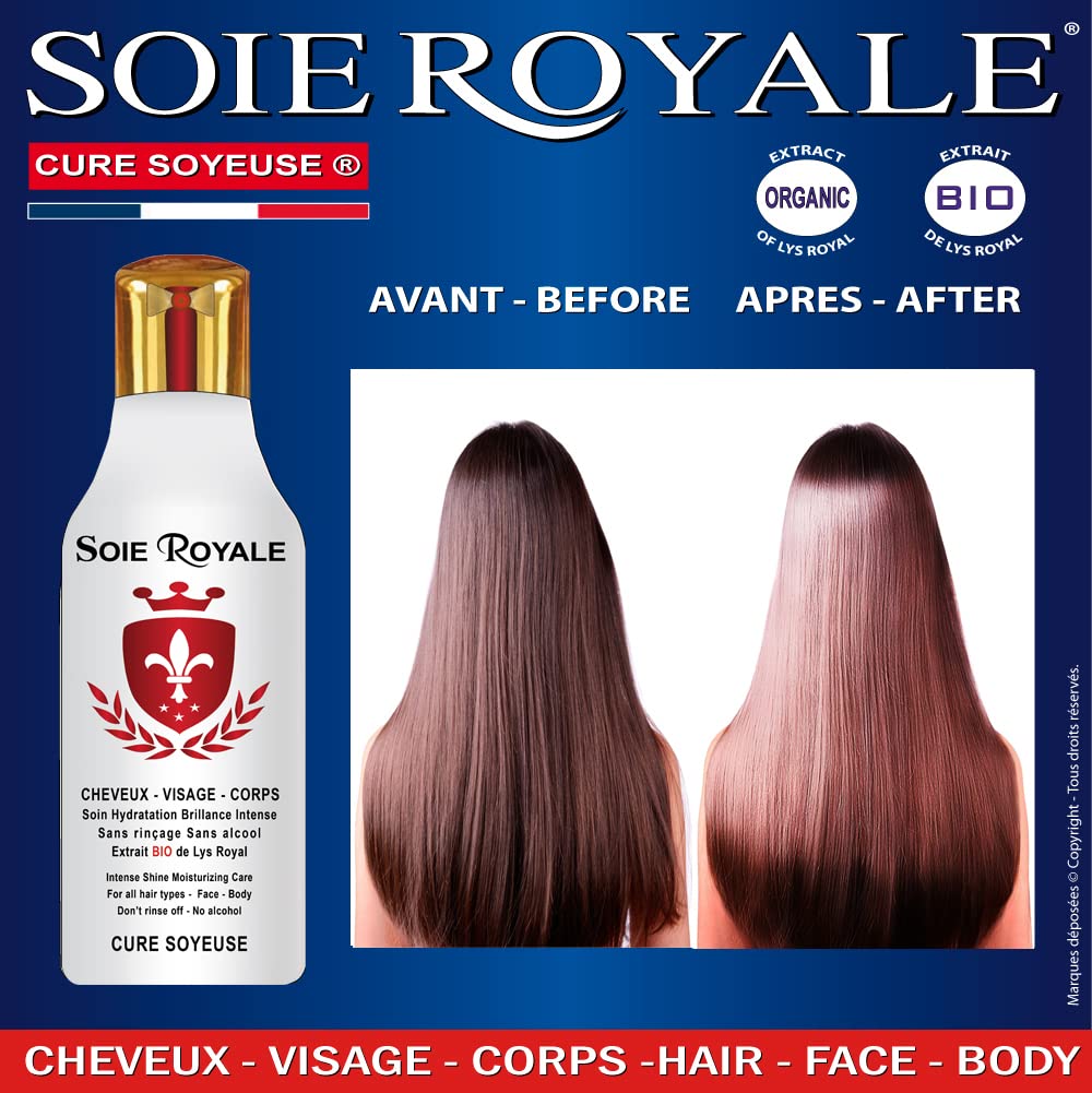 Soie Royale BIO Cure Soyeuse 300 ml Extrait Naturel BIO Fleurs de Lys Royal Protéines de Soie Vitamines EF Sans Alcool Soin Cheveux Visage Corps Nourrit Hydrate Démêle Lisse avec une Brillance Intense