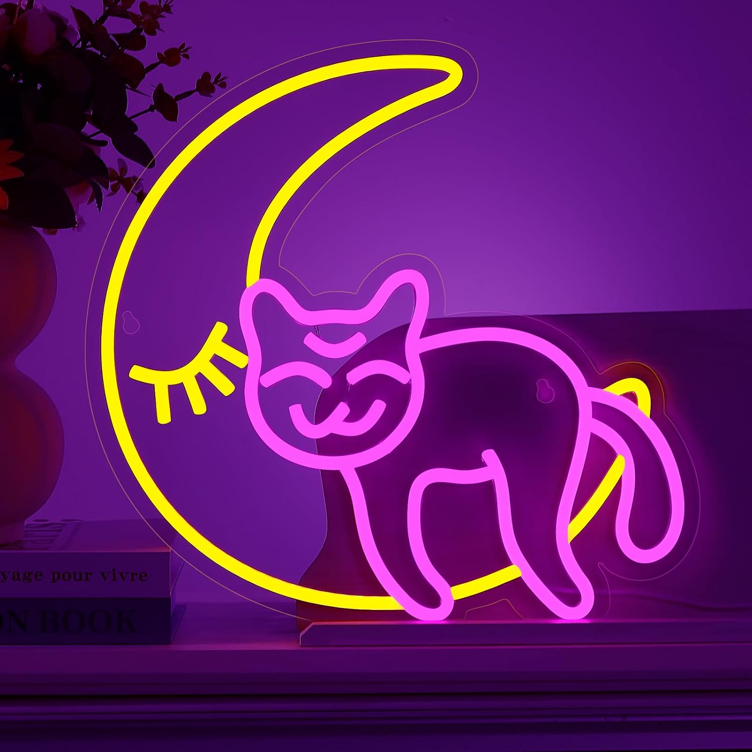 Smile Cat Moon Neon Signs for Wall Decor Animal USB Led Neon Light Sign for Kids Room Bedroom Man Cave Wedding Birthday Home Bar Party Office Game Room Decor Gifts,12.8 * 15 inch image 5