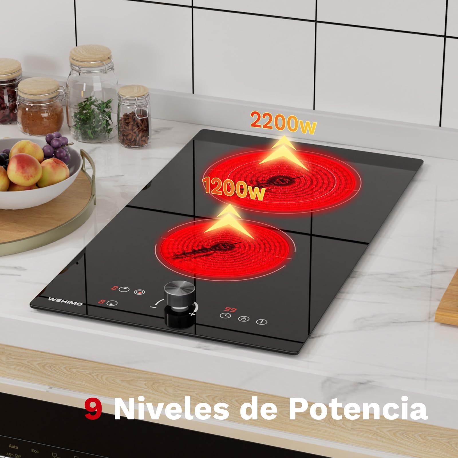 WEHIMO Placa Vitroceramica 2 Fuegos, 3400W, Control con Mandos Giratorios, Quemadores de Doble Corona, 9 Niveles de Potencia, Control Táctil, Seguridad para Niños, Temporizador de 1 a 99 Minutos