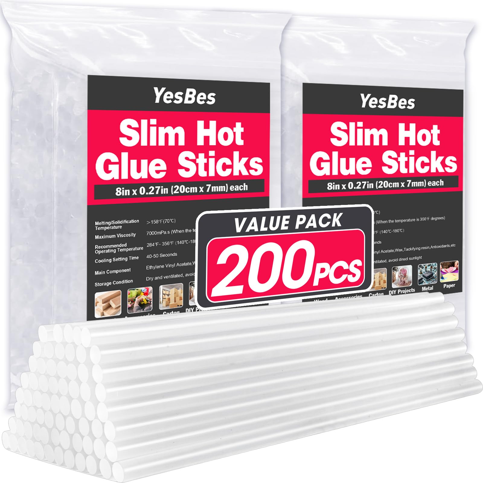 200 PCS Mini Hot Glue Sticks, 8" Long x 0.27" Diameter Glue Sticks for Glue Gun, Perfect Fit for Mini Glue Guns, Widely Used in Wood, Metal, Glass,