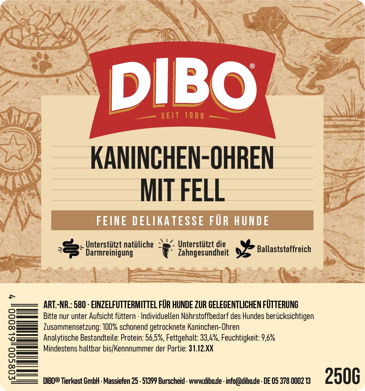 DIBO Oreilles de Lapin avec Fourrure, Sachet de 250 g – Friandise à mâcher Naturelle 100% séchée en Douceur pour Chien, Nettoyage Naturel du côlon, friandises Naturelles et adaptées à l'espèce