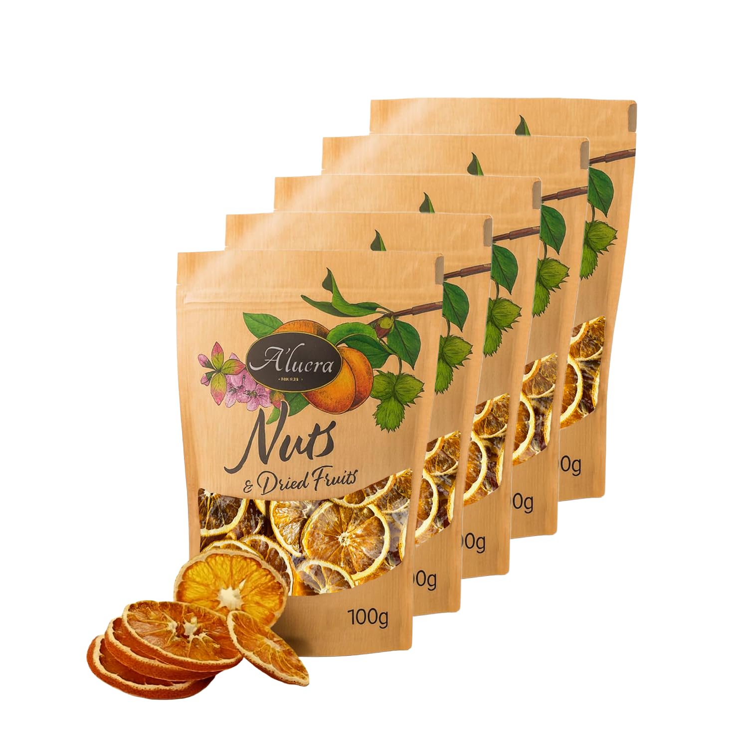 Alucra getrocknete Orangenscheiben Vorteilspaket 5 x 100g - naturbelassen ohne Zucker - Dekoartikel für Frühling - Tischdeko, Kranz Deko, Cocktail Deko - Trockenfrüchte für Snacks und Früchte Mix 500g