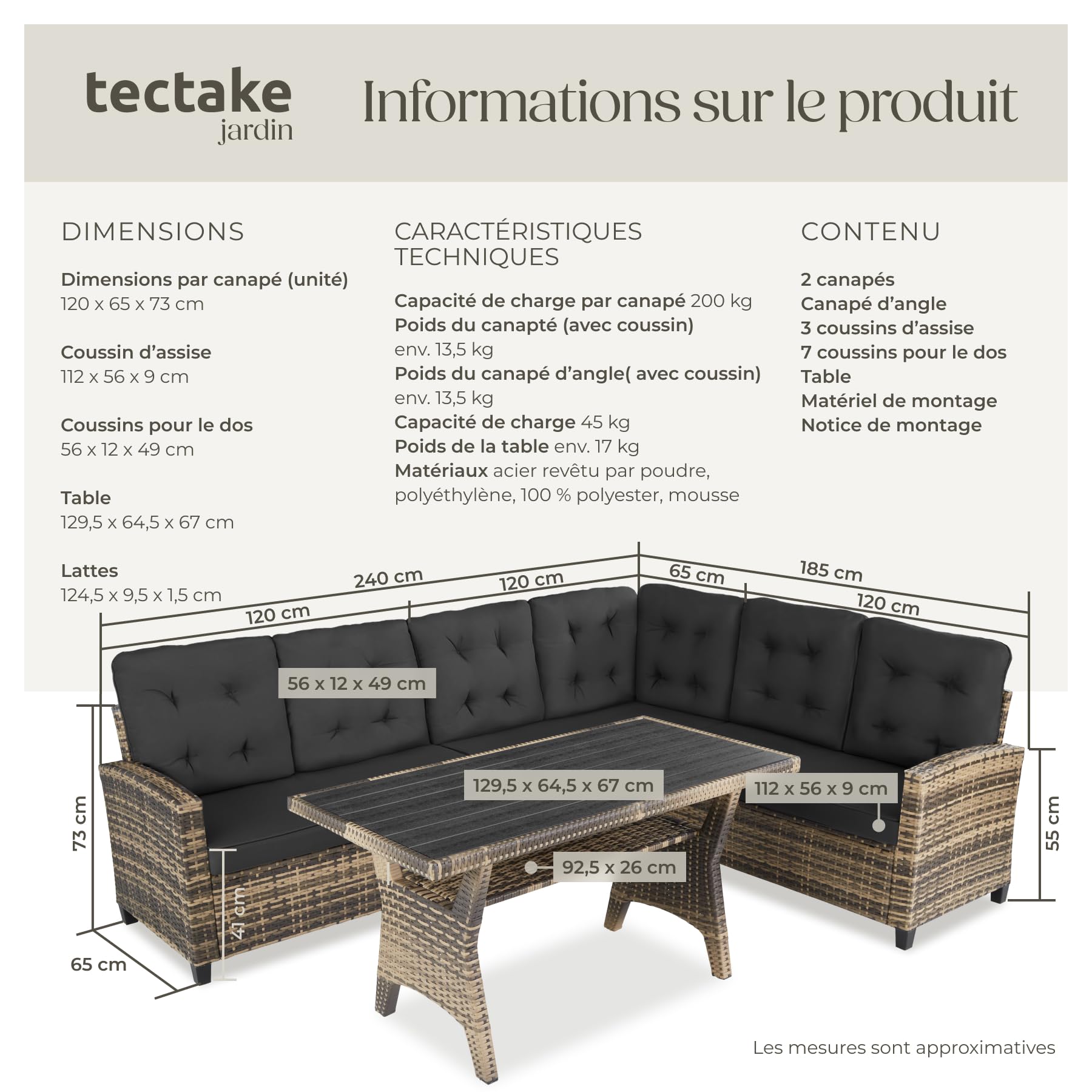 tectake Ensemble Salon de Jardin XXL Poly Rotin Canapé 6 Places Table Jardin Mobilier Exterieur