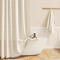 Vista 20 de BTTN - Cortina de tela de lino para ducha, bohemia, con borlas, estilo rústico chic, para baño, elegante, con ganchos, alta, gruesa, moderna
