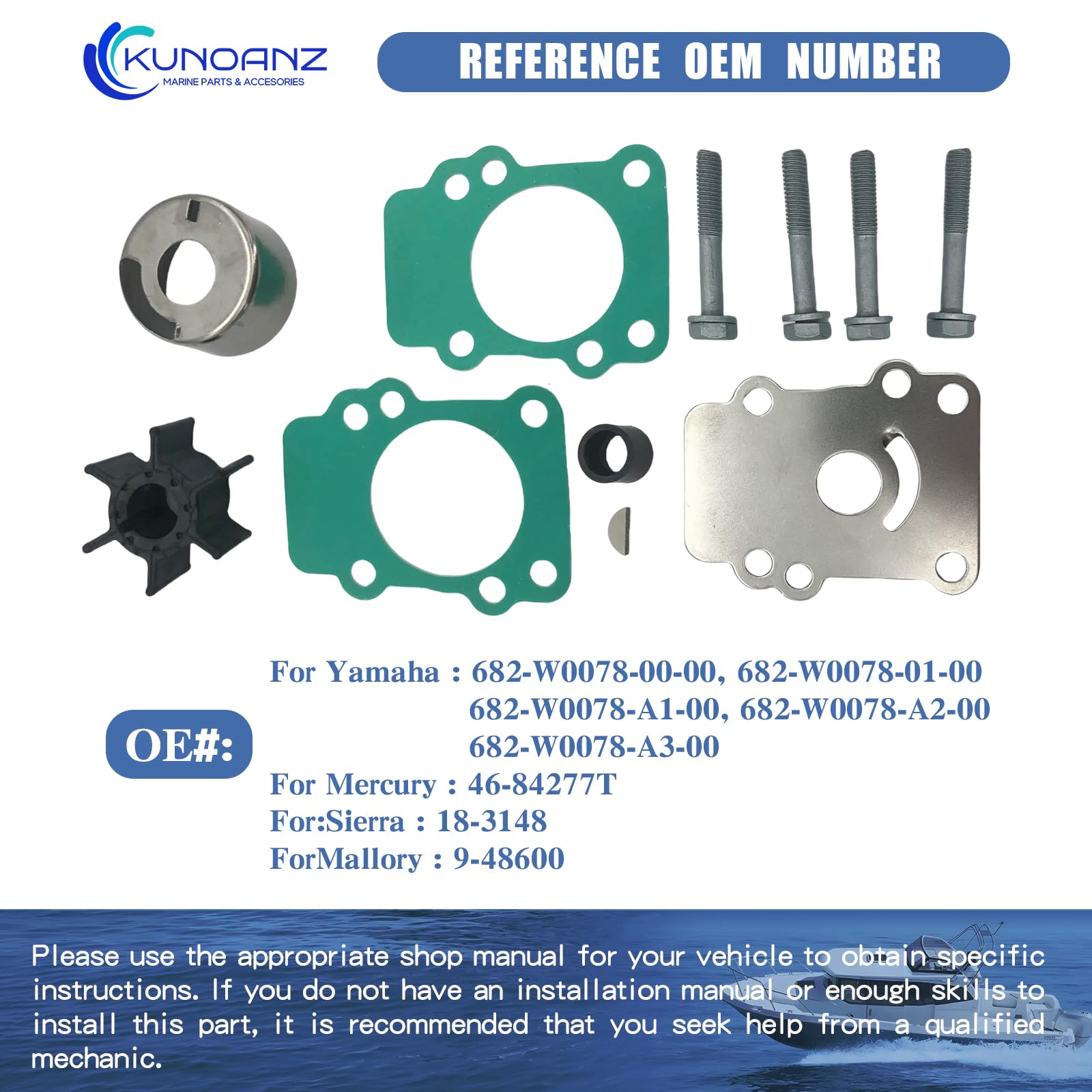 Kit Turbine Pompe à Eau – Remplacement 682-W0078-A1 Pour Yamaha 9.9/15HP Hors-bord (2T Et 4T, 1984-2004)