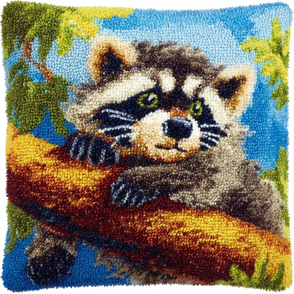 WallustrioaW DIY Latch Hook Cushion Kits,Animal Raccoon