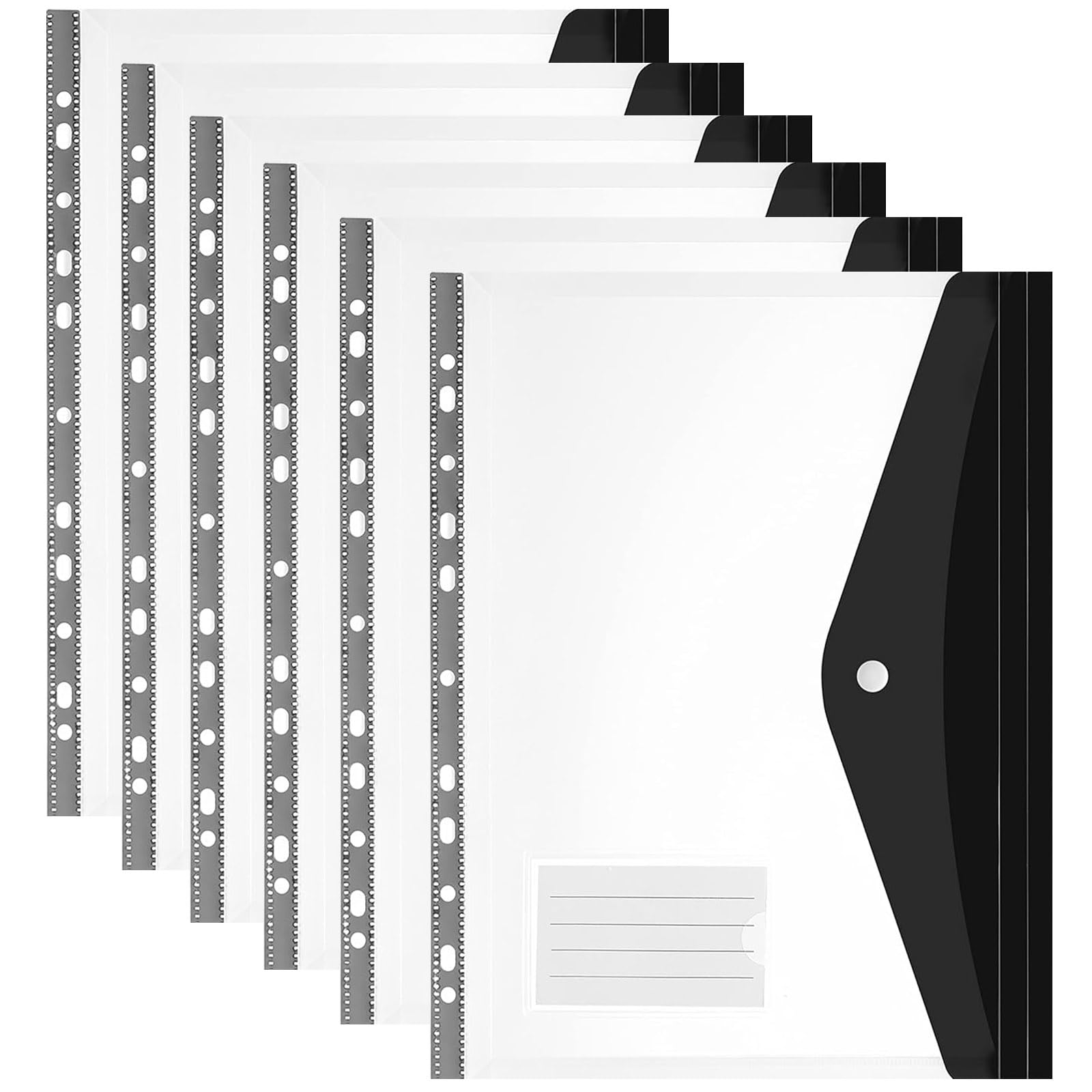 Plastic Wallets A4 Punched Pockets, 11 Holes Expandable Binder Folders for 2/3/4 Ring Document Pouch with Snap Button & Label Loose-Leaf Transparent for Office School Home (6pcs-Side Open-Black)