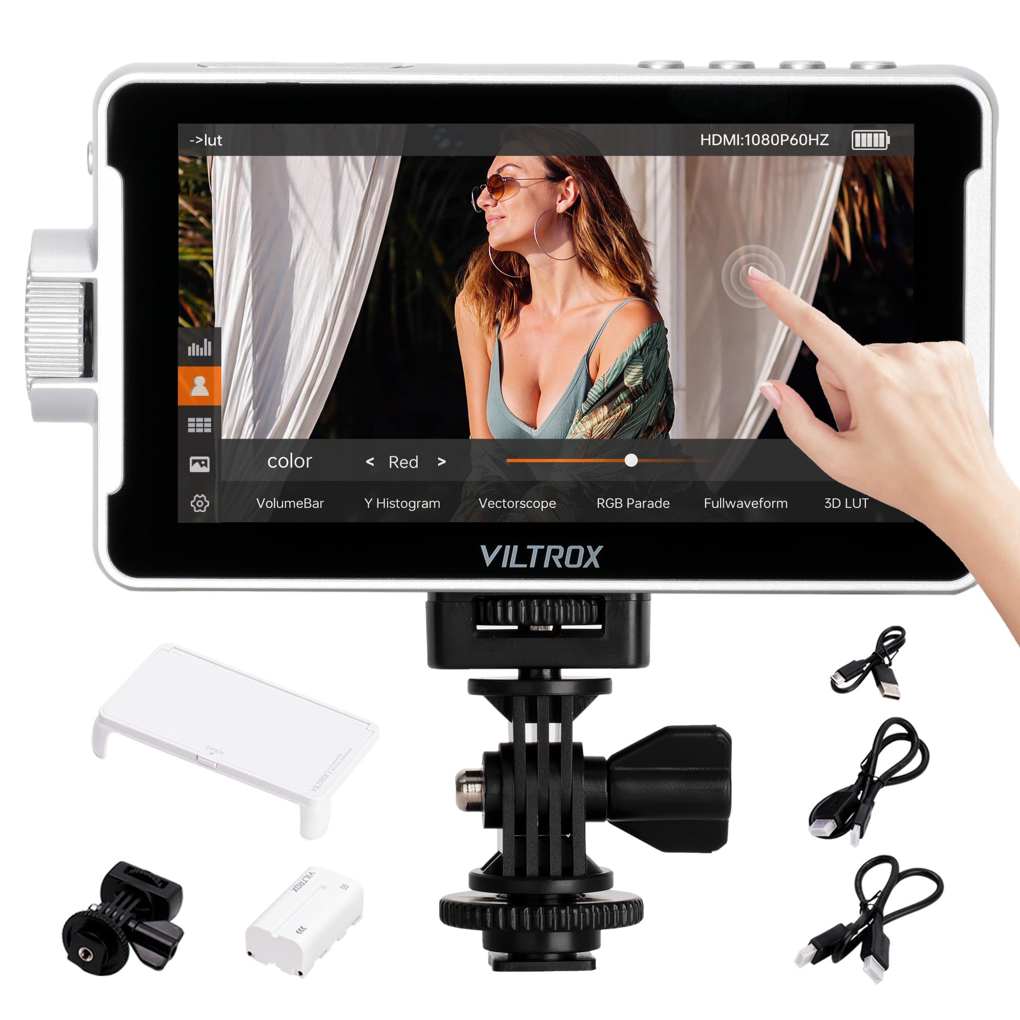 VILTROX DC-V1 5.5" Touchscreen Camera Field Monitor DSLR Monitor with 3D LUT Waveform 400Nits 160° Wide View Angle 1920X1080 IPS 4K HDMI Loop in/Out Video Peaking Focus Assist, Battery/Sunshade Hood