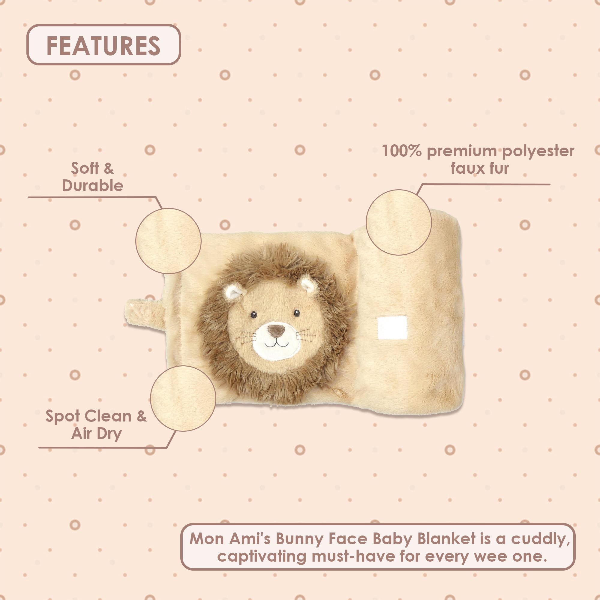 Lion Design Baby Blanket - 100% Cotton Knitted Swaddle 39x31 Inches Beige