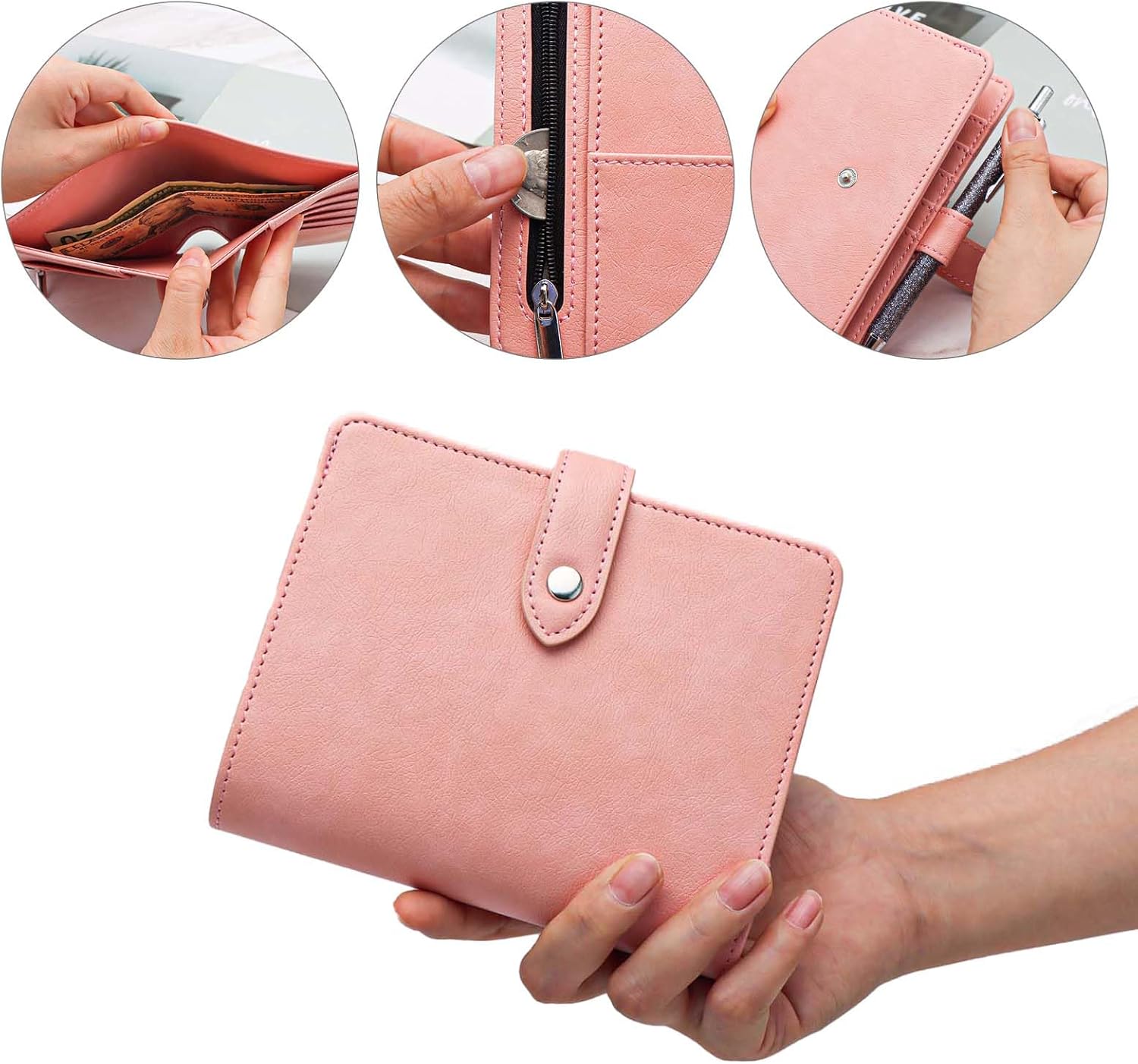 Pink Cash Stuffing Wallet Mini Budget Wallet A7 Binder Cover PU Leather Small Notebook Shell 6 Rings Money Saving Organizer Snap Button Closure for A7 Cash Envelope Binder Pockets Sleeves - Image 3