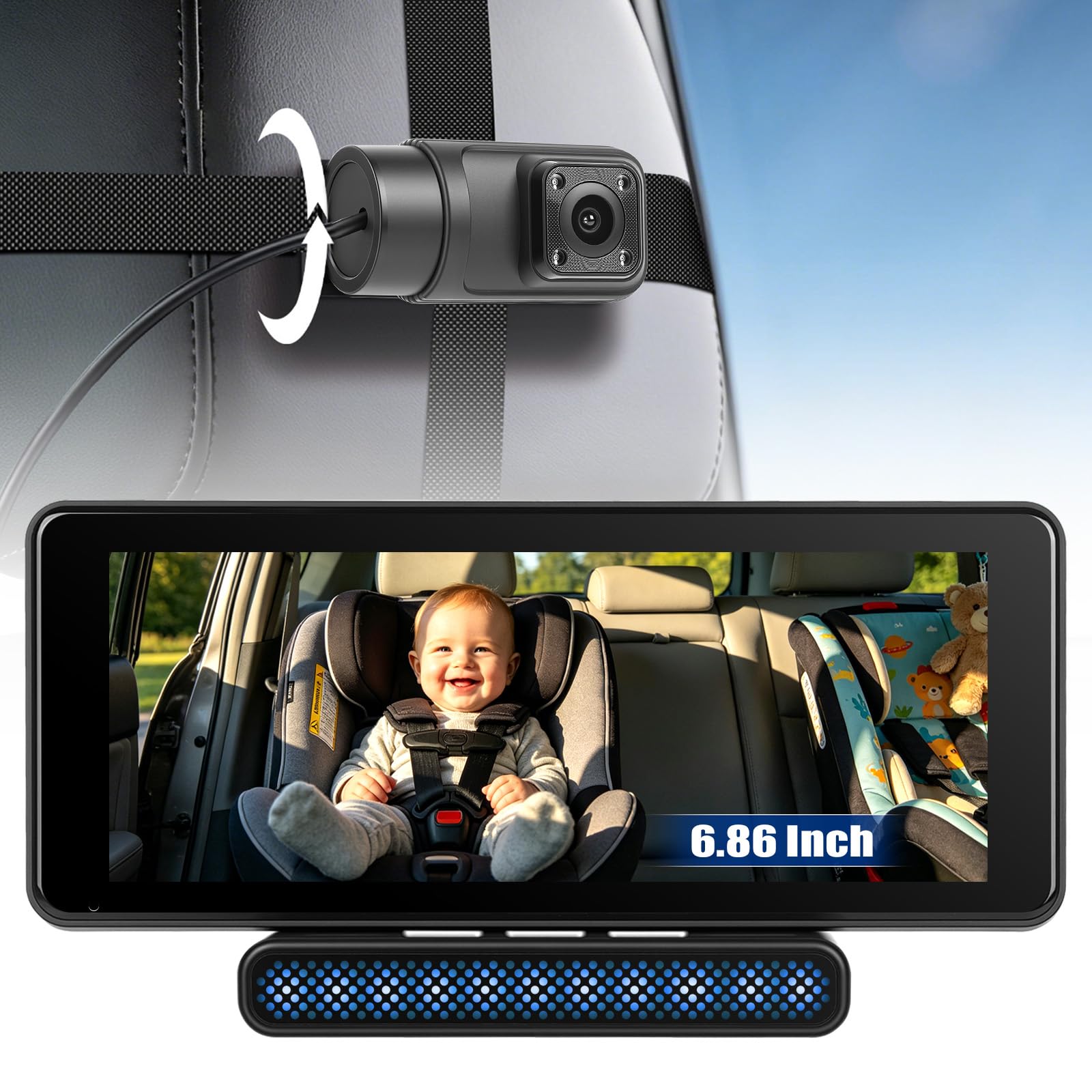 Telecamera per bambini da 6,86 pollici con supporto CarPlay, Android Auto e Bluetooth per auto, camion e furgoni, compatibile con poggiatesta.
