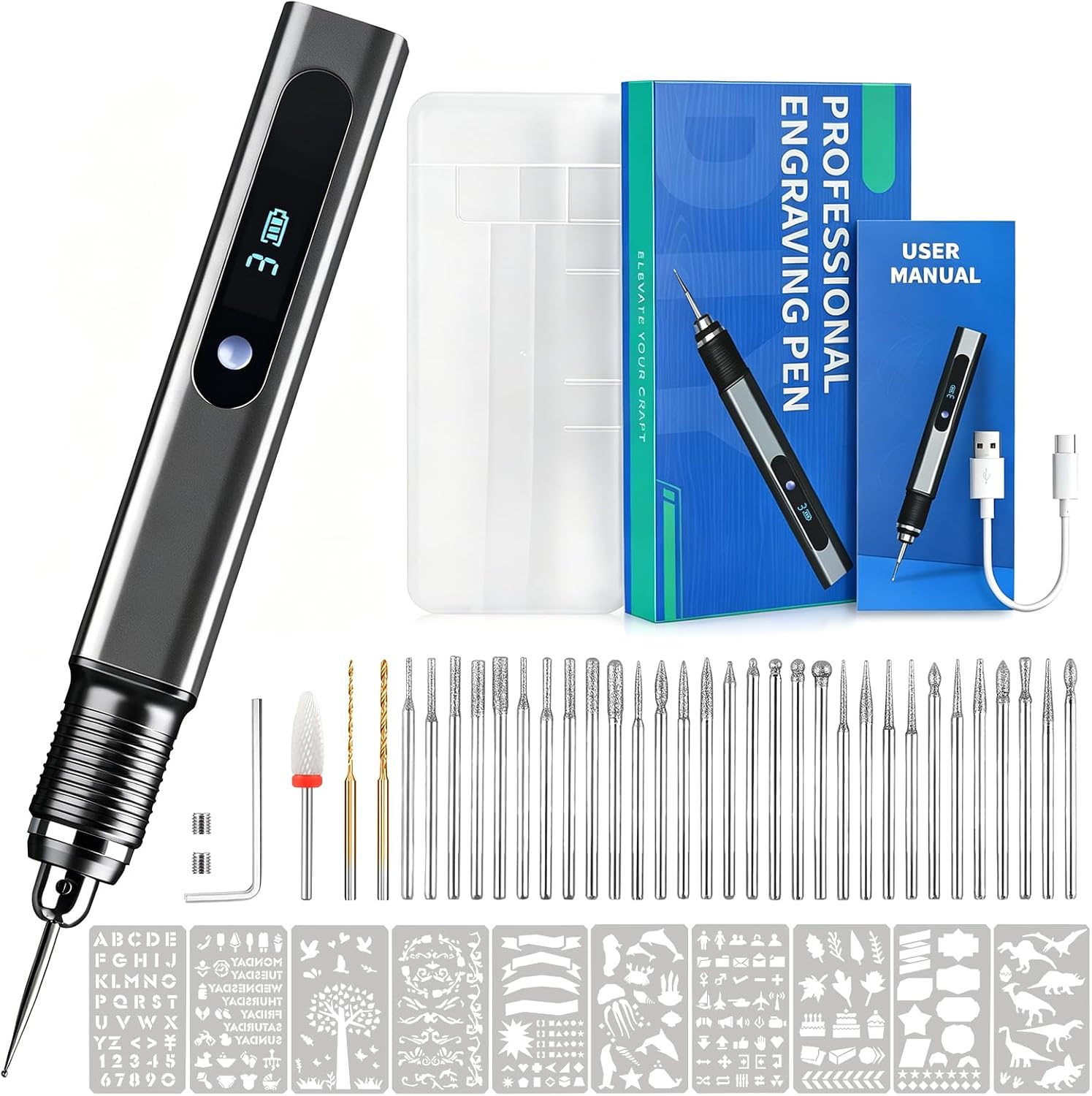 Engraving Pen, Upgraded 21000RPM Aluminum Alloy Cordless Engraver Tool, Rechargeable Electric Engraving Pen Kit for Metal, Wood, Glass, Jewelry, Stone with 33 Bits & 10 Stencils