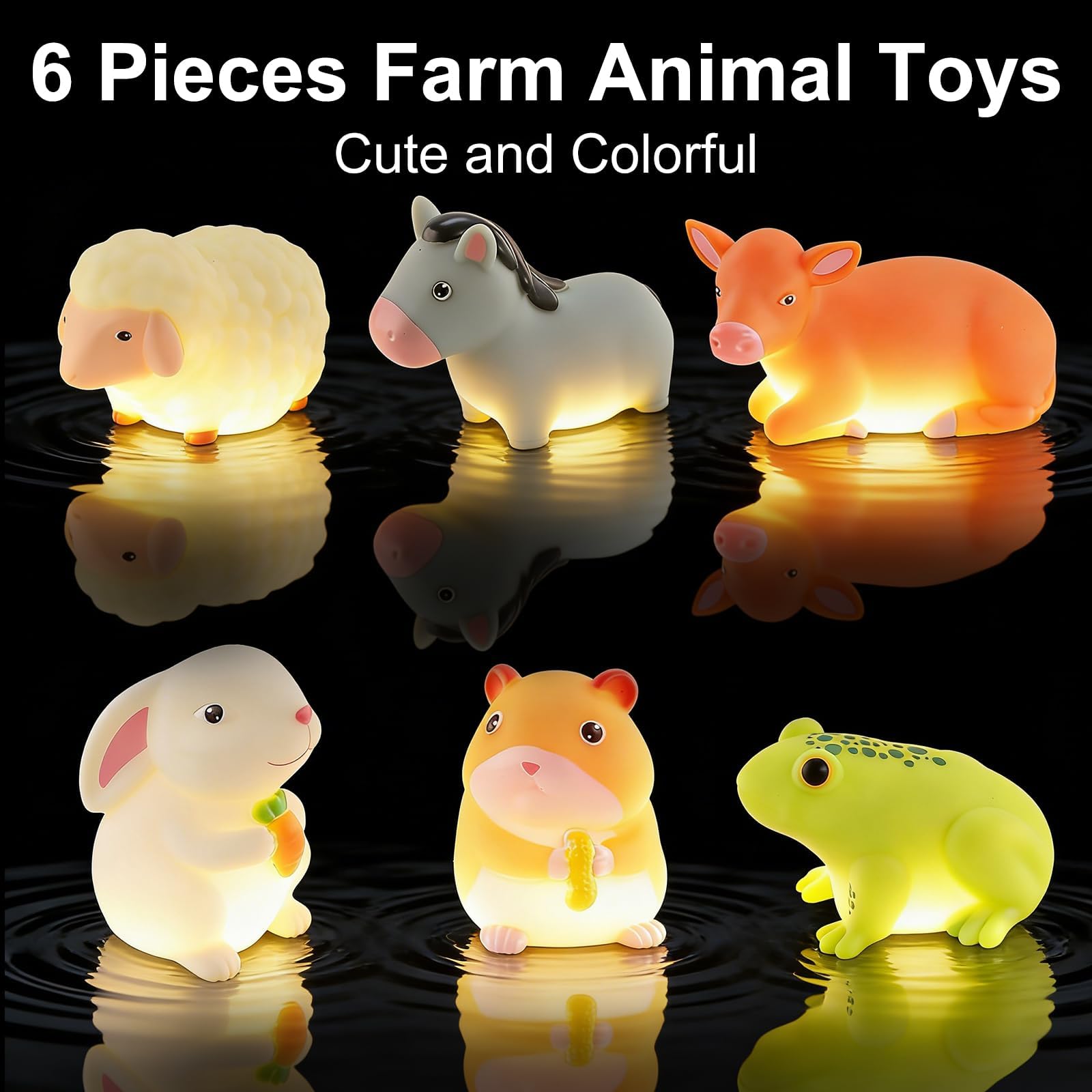 6 giocattoli da bagno luminosi per la vasca da bagno per bambini, animali da fattoria, giocattolo acquatico, galleggiante, cambia colore, no mould, luce per vasca da bagno