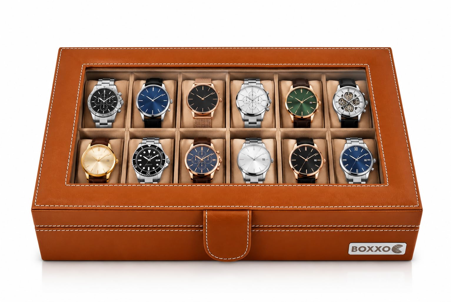 BOXXO 12 Slot Watch Organizer Box for Men & Women – Premium PU Leather Watch Case, Soft Velvet Cushions & Glass Lid Display, Elegant Storage Box - 34x20x8 cm (Tan & Brown (Transparent), 12 Slots)