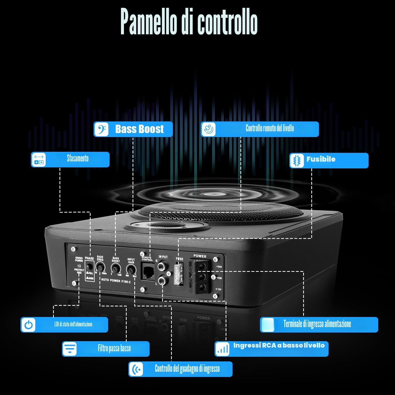Subwoofer per auto, subwoofer attivo per auto compatto da 600 W da 8 pollici con cavo di gioco, prestazioni eccellenti a bassa frequenza, uscita musica pura ed effetti sonori