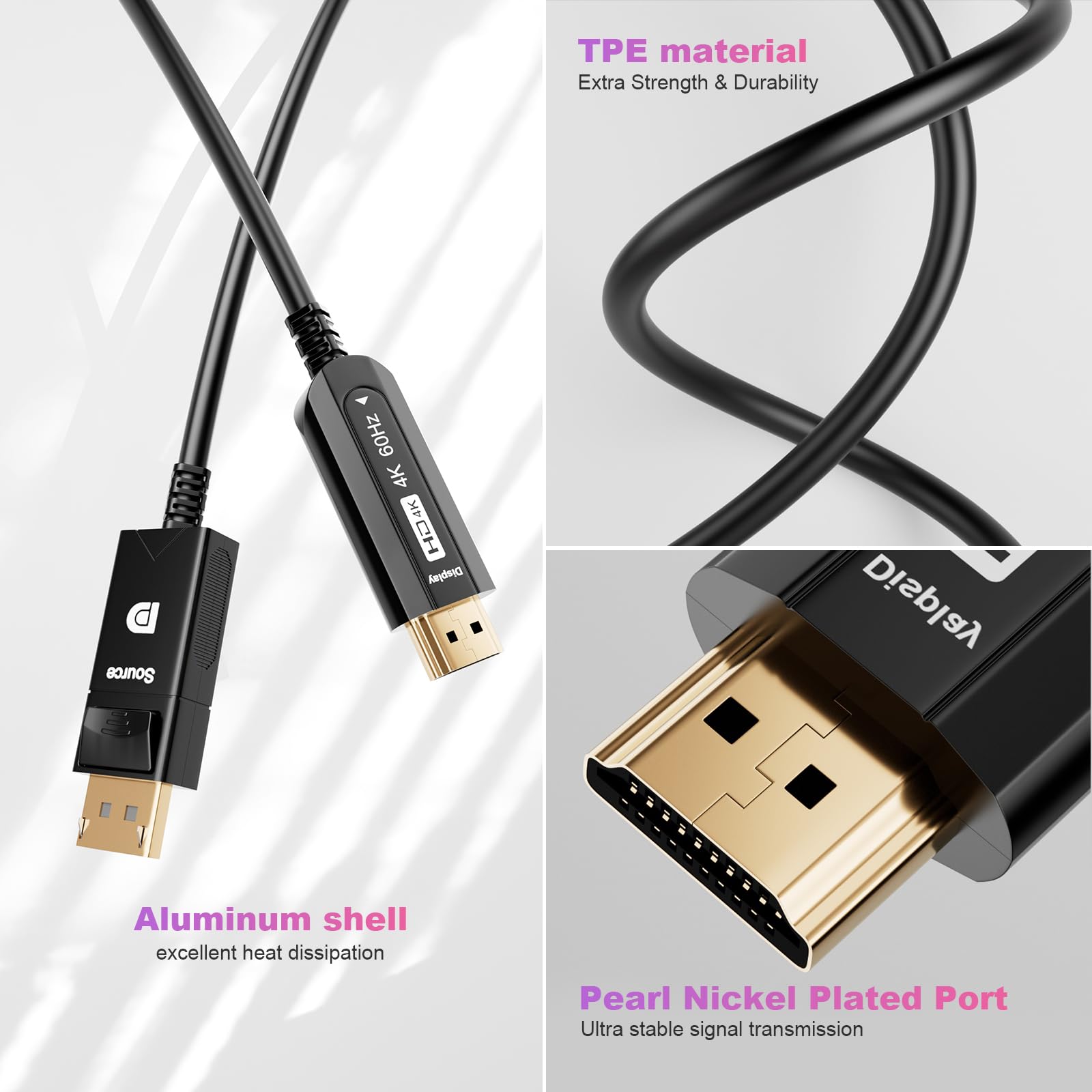 DisplayPort to HDMI Fiber Optic Cave, Active DP to HDMI Video Cord 4K@60H Uni-Directional, Supporto HDTV HDCP Self-detecting function for EDID information (A0107-10Meter)