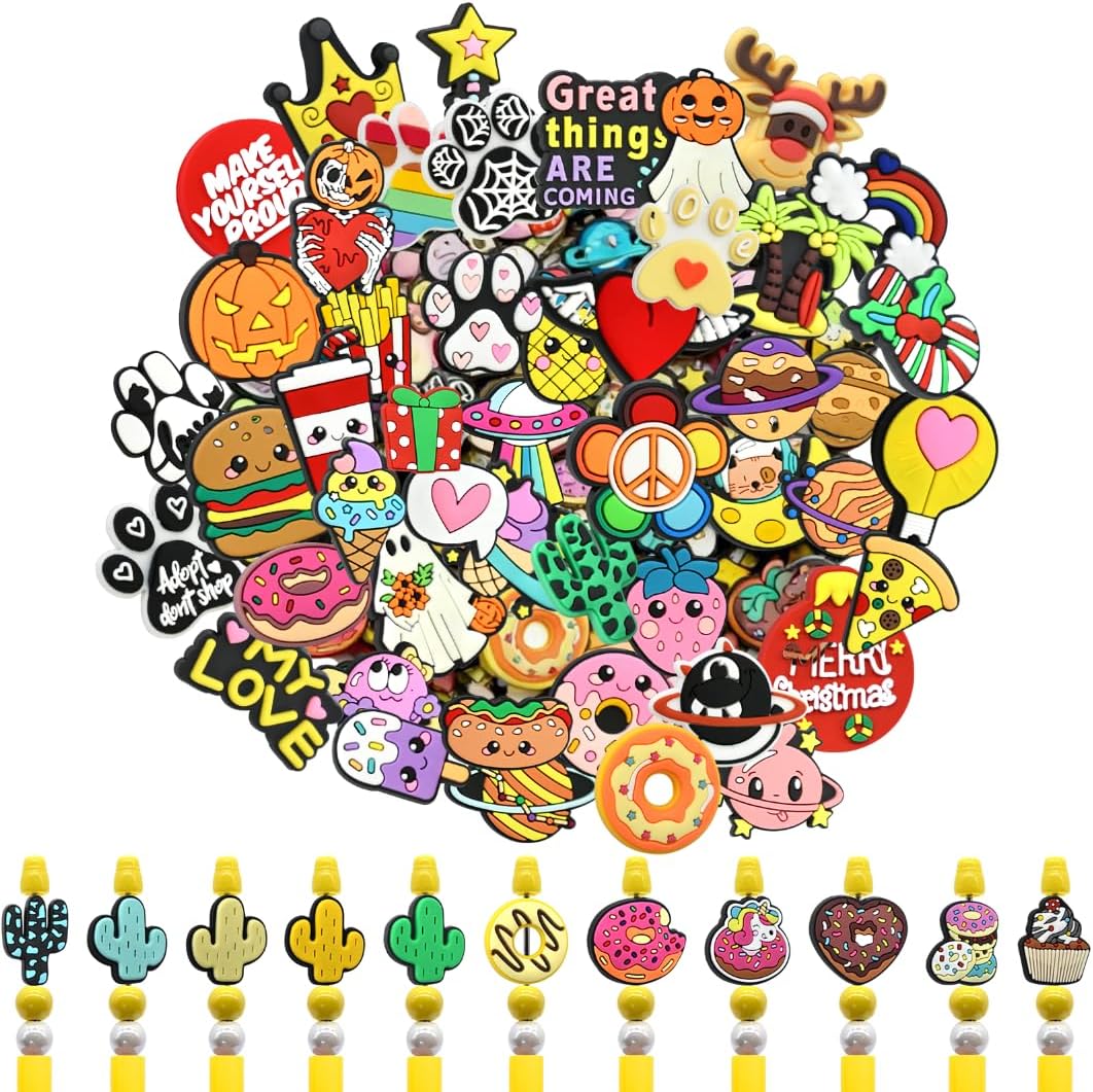 Silicone Focal Beads for Pens, 60 PCS 3D Multi Theme Unrepeated Bulk Bead Set for DIY Beaded Pen Making, Keychain, Bracelet and Jewelry Decor Craft Supplies