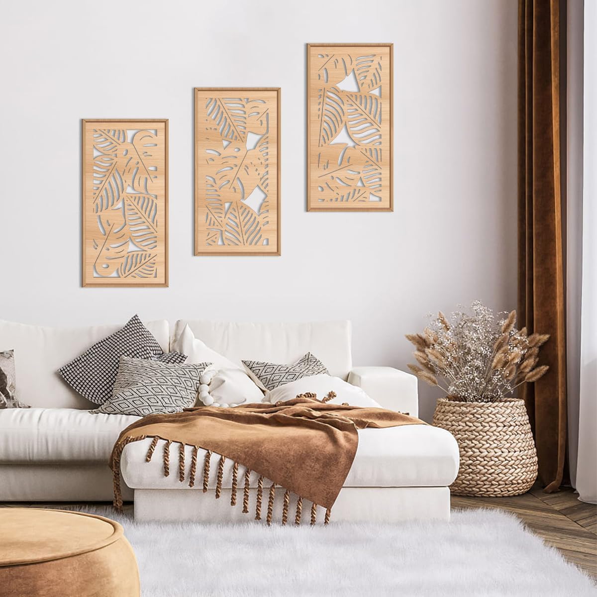 IARTTOP Tropical leaf Wood Wall Decor Framed Palm Monstera Leaves Wooden Wall Art Coastal Hawaii Art decor 7.87x15.75 Inch Set of 3 for Living room Bedroom Office