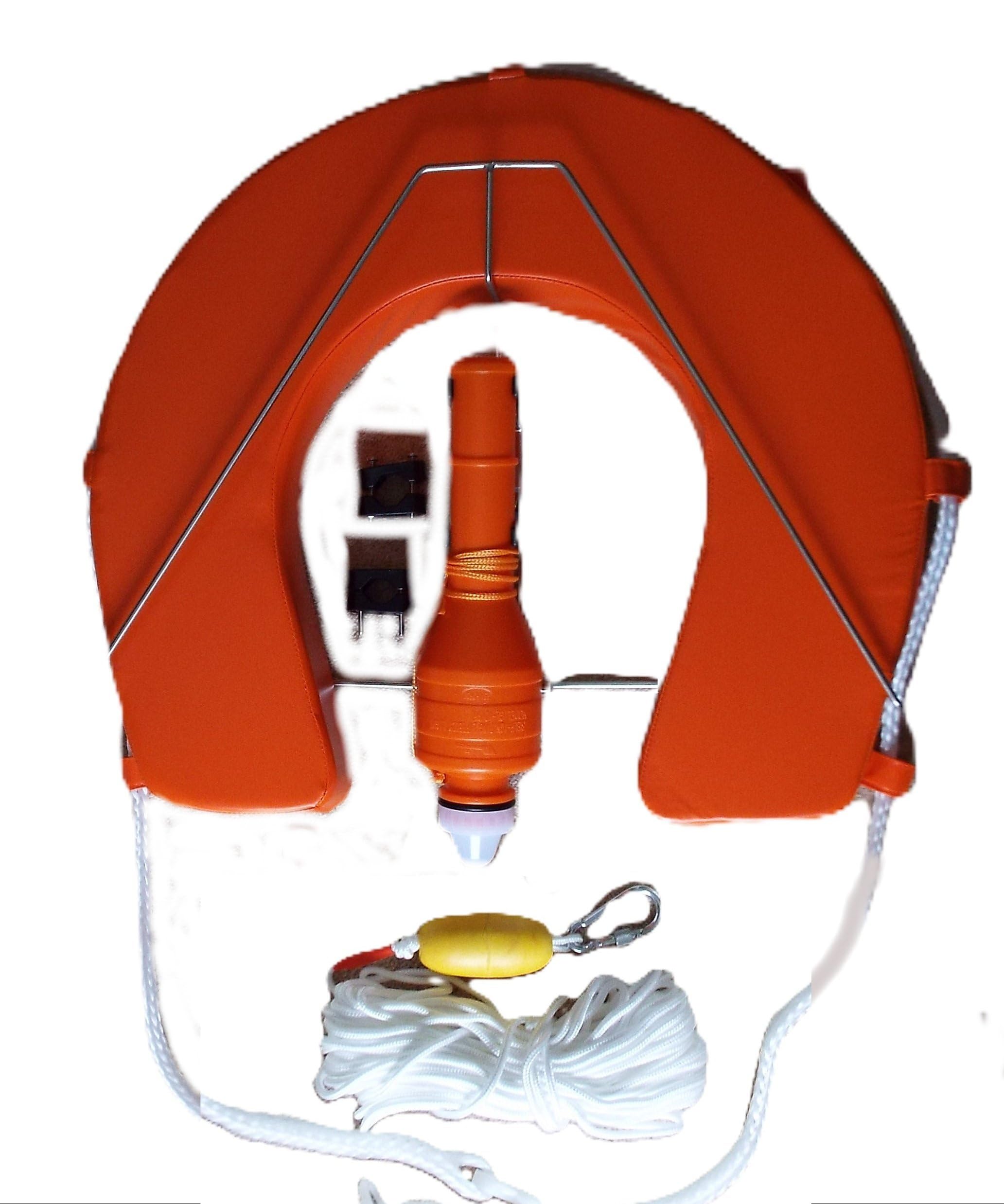 Marine Safety MOB Kit, Horseshoe Lifebuoy with LED Light, Throw Line and V-Bracket Mount, Orange (Red)