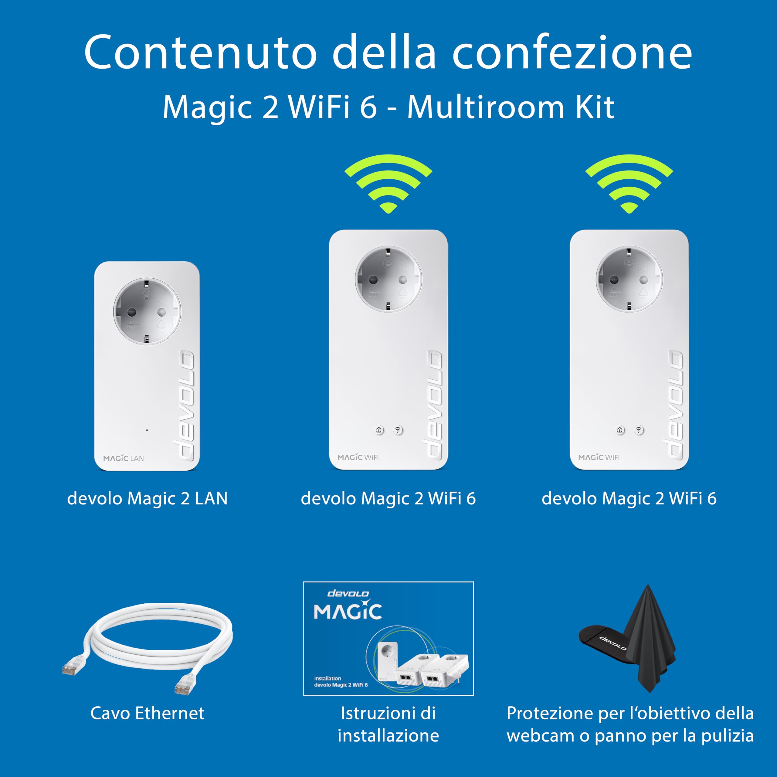 devolo Magic 2 WiFi 6 next Multiroom Kit, adattatore Wi-Fi Powerline, fino a 3.000 Mbps, presa Wi-Fi, 2 porte LAN Gigabit, bianco