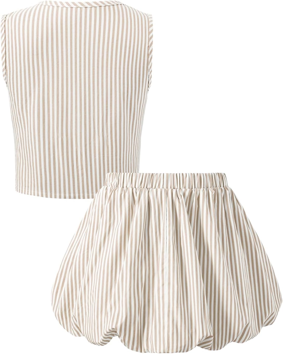 Girls 2 Piece Outfit Cotton Shorts Set Striped Sleeveless Top with Bows and Bubble Shorts Summer Casual Clothes