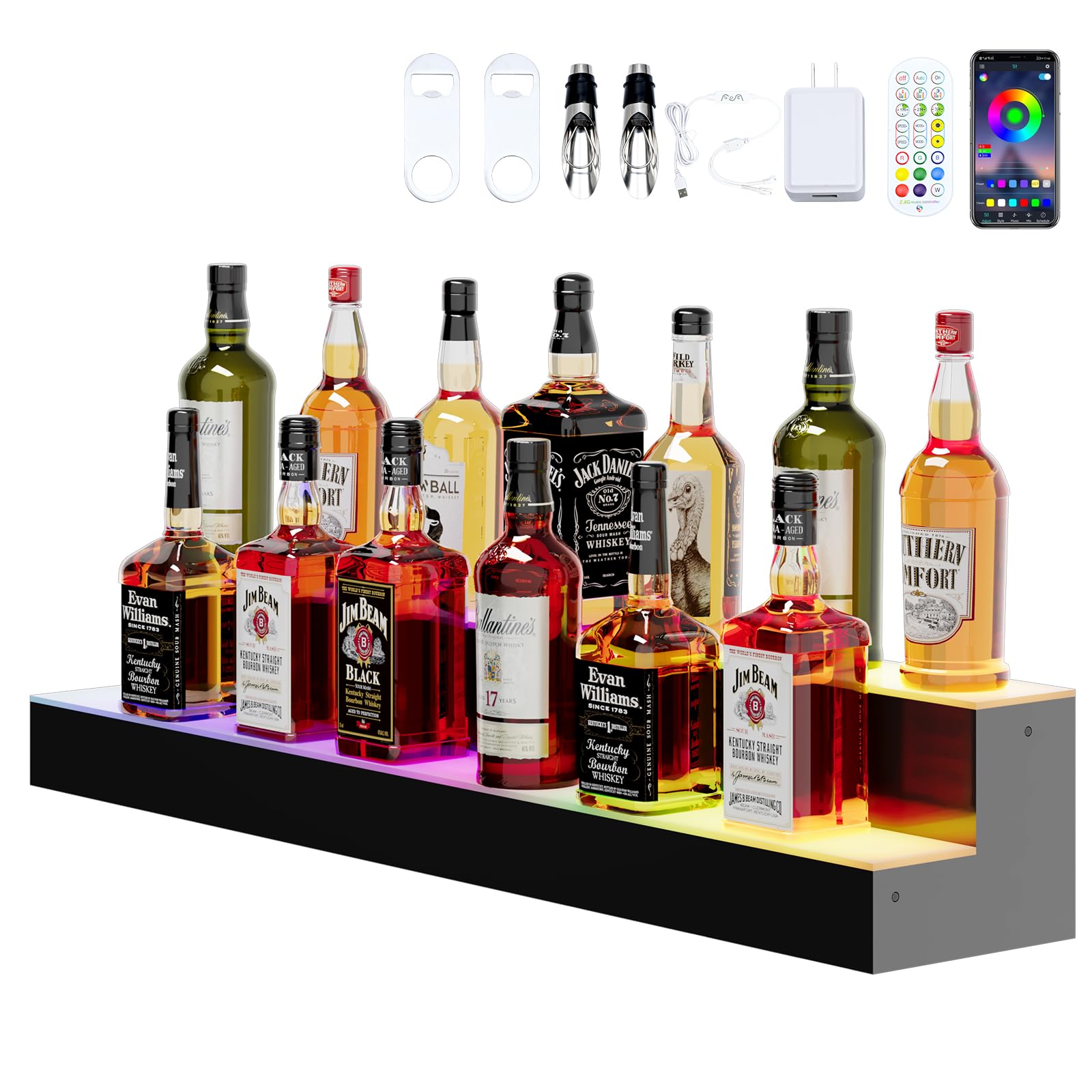 Dethan 2 Tier 40 Inch Liquor Bottle Display Shelf - Wine Racks with Multi-Color App &amp; Remote Control, Adjustable Brightness &amp; Sound Modes, Acrylic Bar Shelves for Commercial Clubs