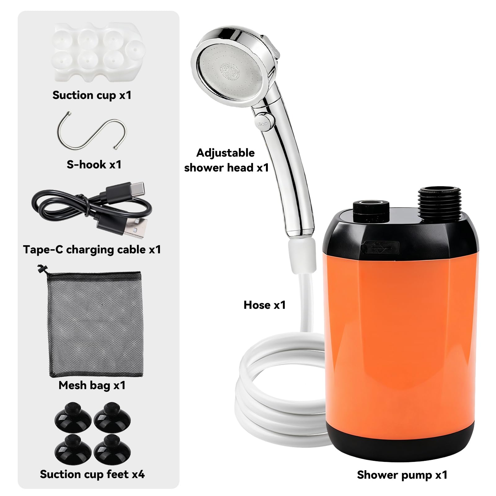 Ducha de Camping portátil con batería y Bomba, Pantalla inteligente bomba de agua autocebante ajustable de dos niveles con manguera de ducha y accesorios, 6000 mAh, valor Wh 22.2.