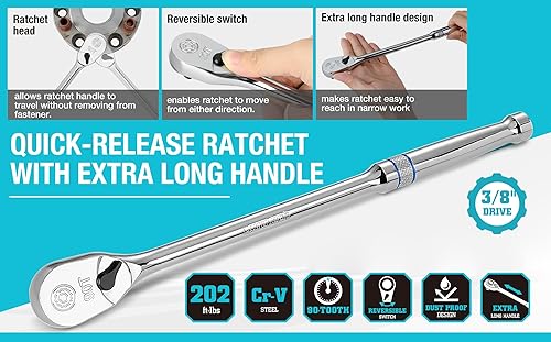 Miniatura 3 de DURATECH Trinquete de 38 pulgadas, llave de trinquete de 90 dientes con mango extra largo de 12 pulgadas y cabeza cerrada, mango de trinquete a