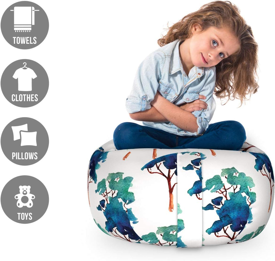 Ambesonne Forest Storage Toy Bag Chair, Watercolor Trees in Aquarelle Brushstroke Woodland Foliage Nature, Stuffed Animal Organizer Washable Bag, Small Size, Blue Seafoam and Cinnamon