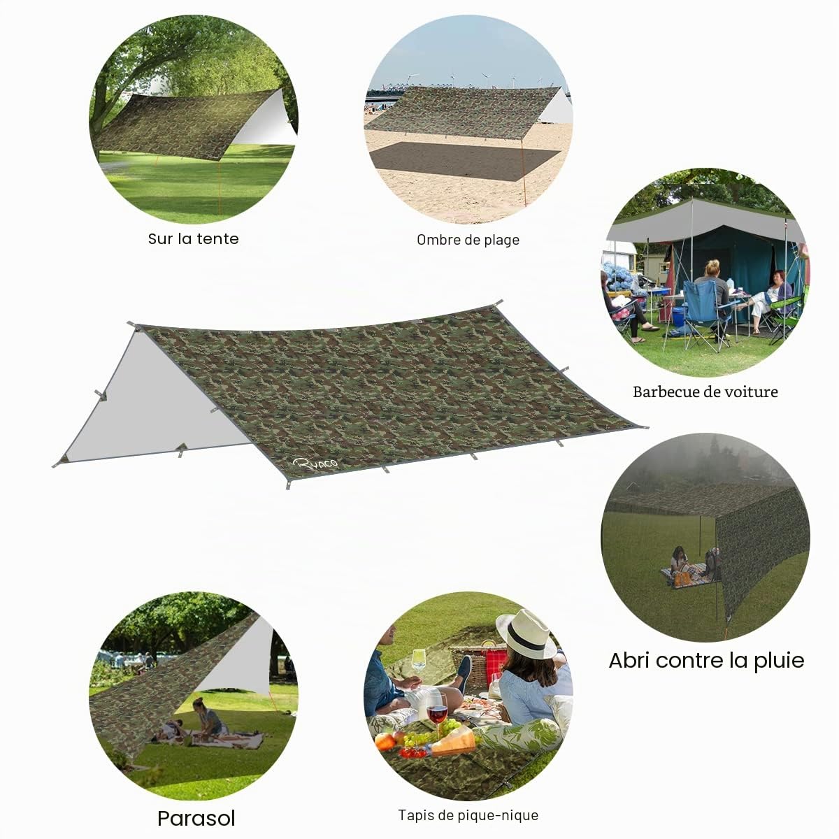 Ryaco Bâche Anti-Pluie, Camping Bâche Rain Tarp Toile de Tente Imperméable Abri de Randonnée Pliable Portable Grande Taille avec Zippées et Poche en Filet pour Bouteille d'eau pour Backpacking Picnic
