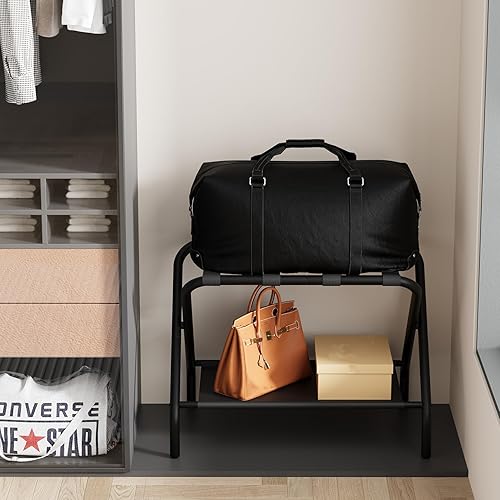 Miniatura 7 de Smuxee Black Luggage Rack, Foldable Suitcase Stand with Fabric Storage Shelf, Luggage Holder with 4 Nylon Straps for Guest Room Bedroom Hotel Negro