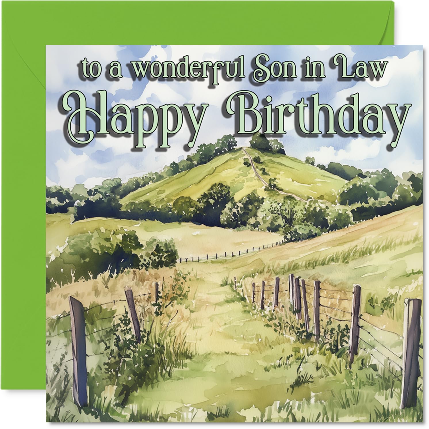 Heartfelt Birthday Card for Son in Law - Warm Wishes on Your Special Day - Serene Landscape Scene with Rolling Green Hills - 145mm Square, Envelope Included