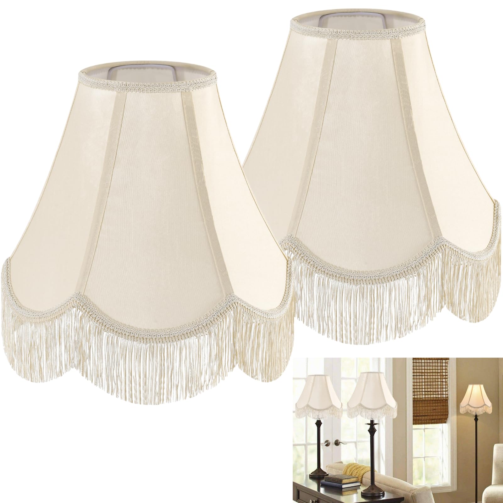 GO&SO Set of 2 Yellowish Beige Silk Lamp Shades – Victorian Scalloped Fringe Trim, 6x13x10.6 Inch (Spider Fit), Replacement Fabric Lampshades for Bedroom, Living Room, Nordic Decor, Easy Install