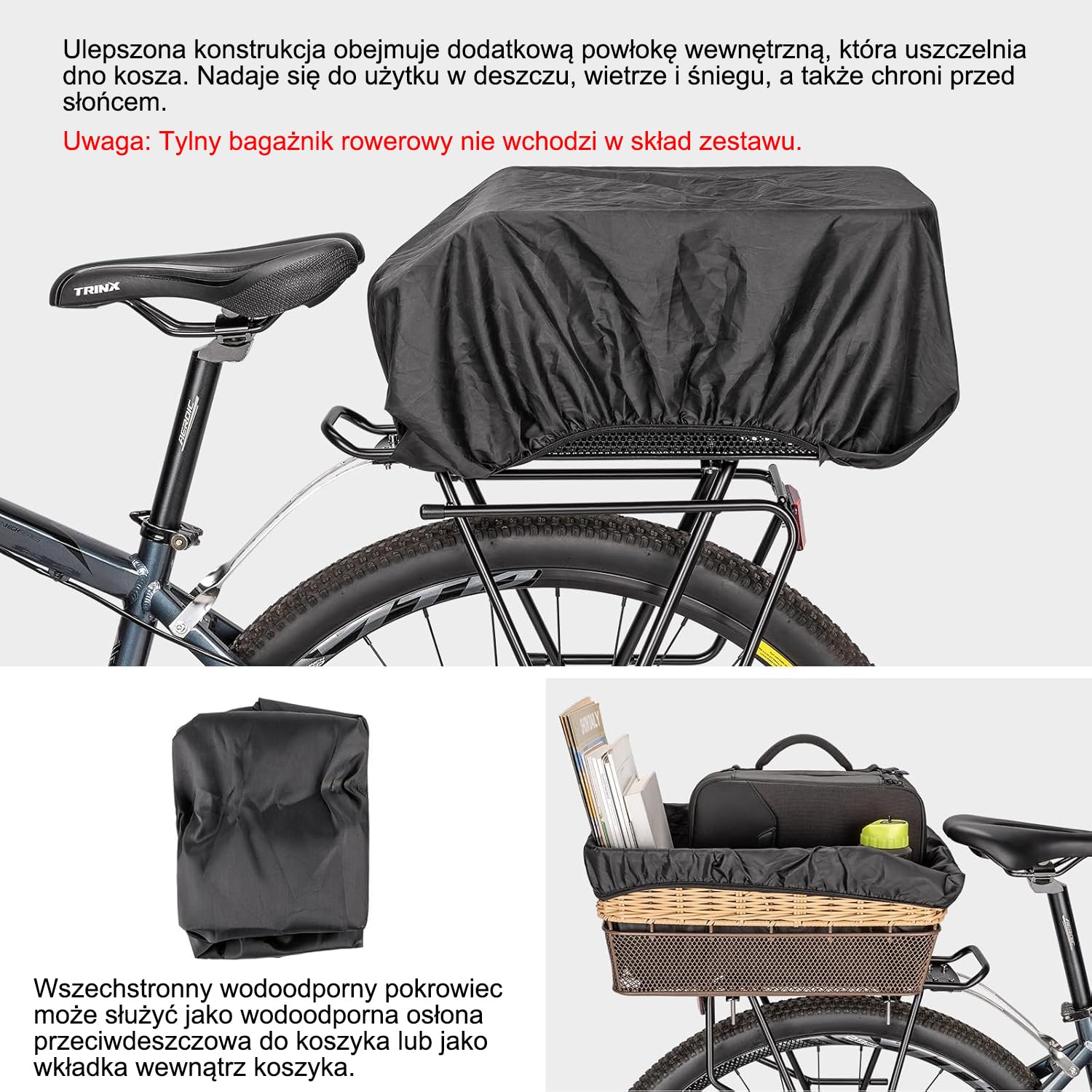 CXWXC Tylny kosz rowerowy z siatką ładunkową i grubą podszewką rowerową