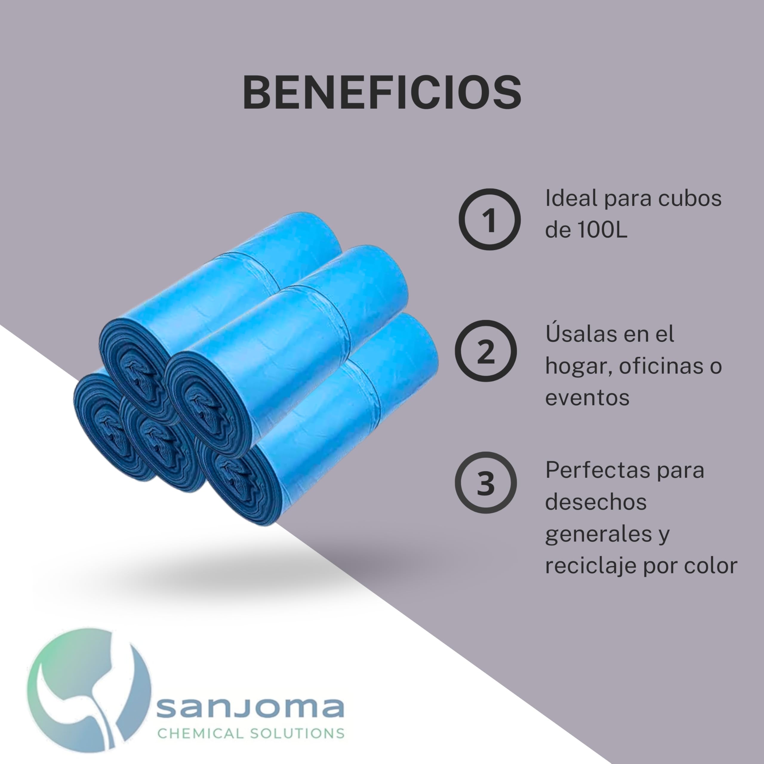 12 Rollos de bolsas de basura azul 100L (85x105 cm) - Galga150 (Extra Fuerte) ecológicas y compostables – 25 bolsas por rollo