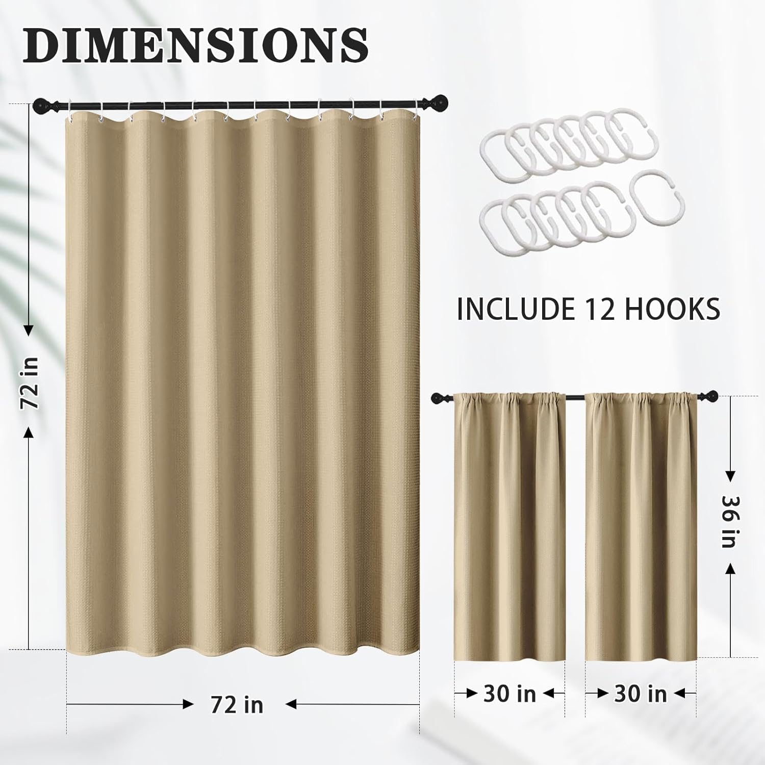 Beige Waffle Textured Cloth Shower Curtain Set, Khaki Modern Solid Bathroom Window Waterproof Shower Curtains for Bathroom Decor