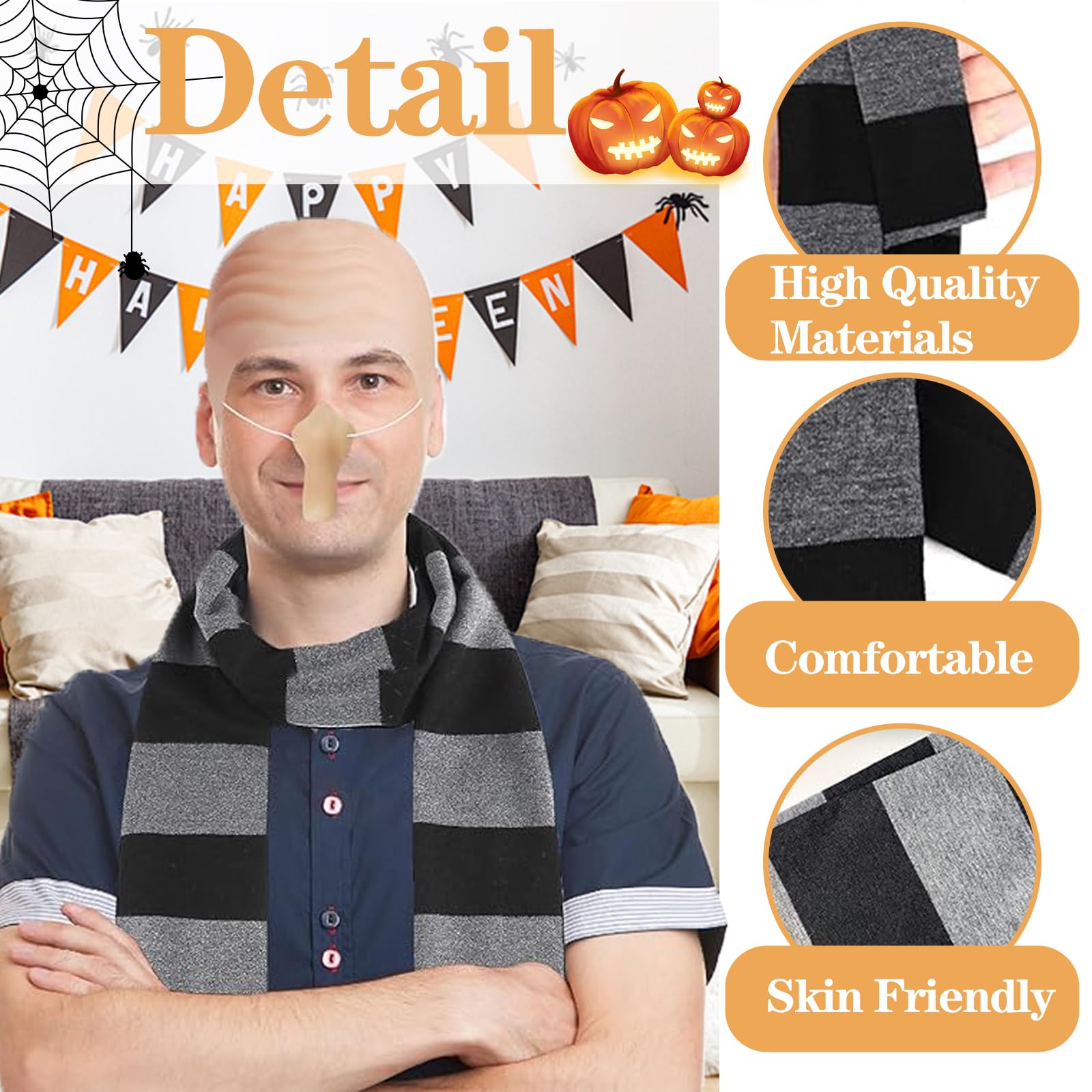 WKPBJX Bald Cap, Gru Costume, Halloween Costume Accessories Scarf False Scalp Bald Cap Long Nose Hair Nets Gloves - Image 3