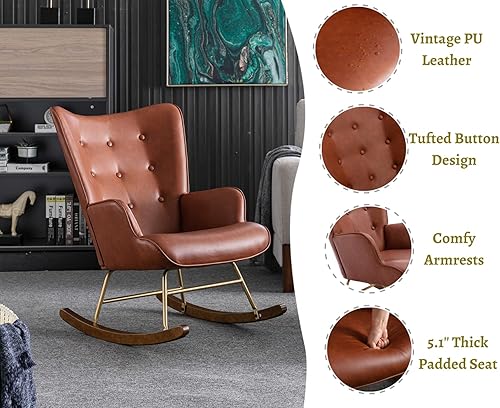 Miniatura 3 de EALSON Mecedora de cuero para guardería, silla mecedora tapizada con respaldo de ala, con base de madera, moderna y cómoda, para dormitorio, sala de