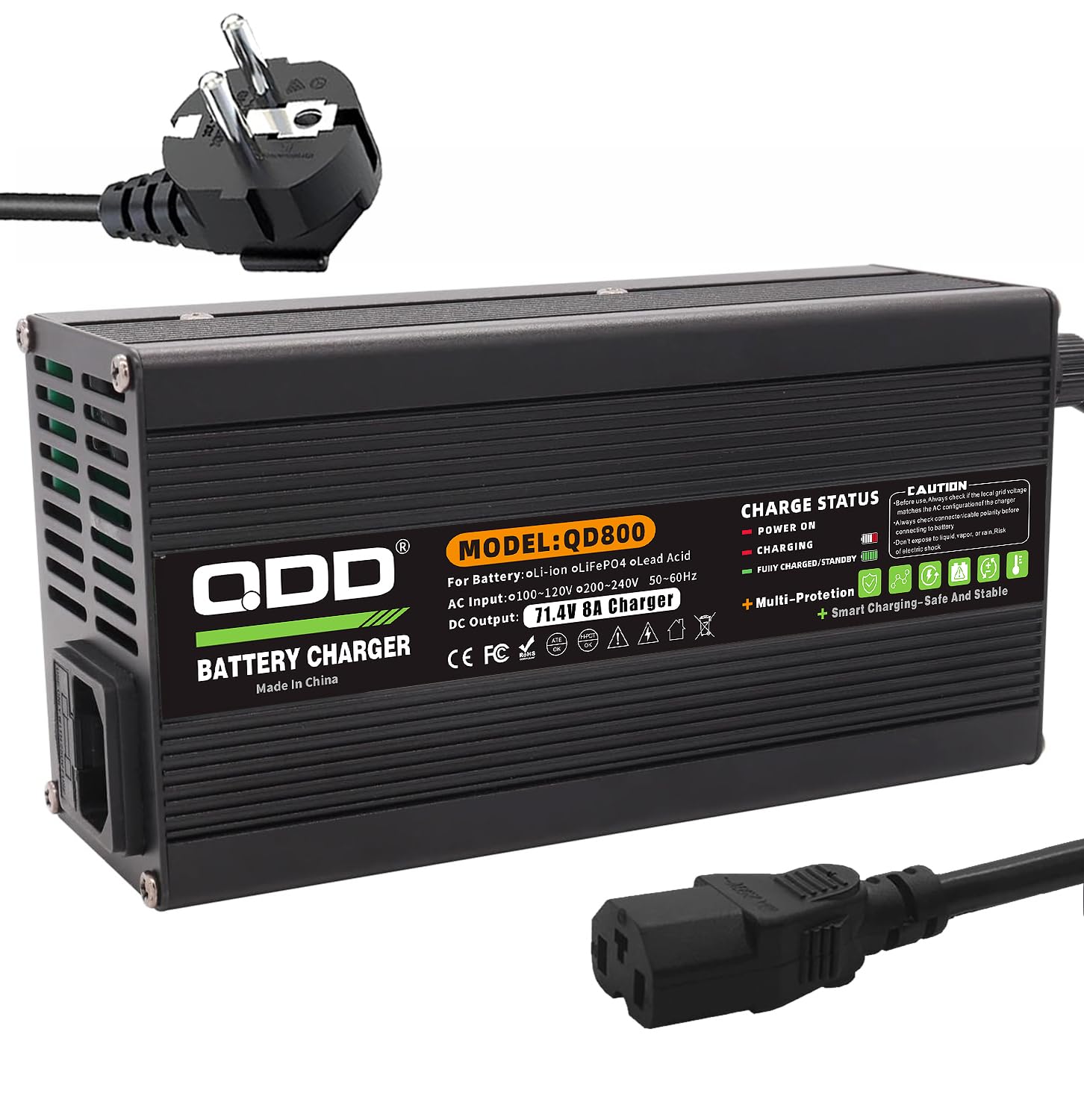 QDD Ładowarka litowo-jonowa 71,4 V 8 A, 60 V, czarna aluminiowa obudowa, wyjście DC C13 N+L, używana do akumulatora litowego 17S 60 V