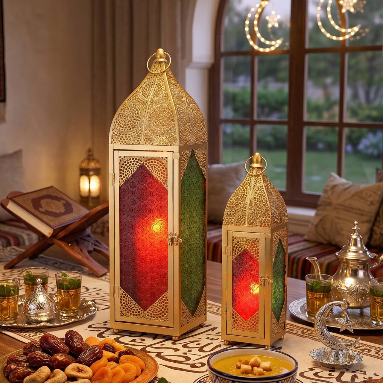 TRIROCKS Set of 2 Decorative Ramadan Candle Lantern Metal Oriental Candle Holder Arabian Hanging Tealight Moroccan Lanterns with Tempered Glass for Home Decor Indoor Outdoor Party Event