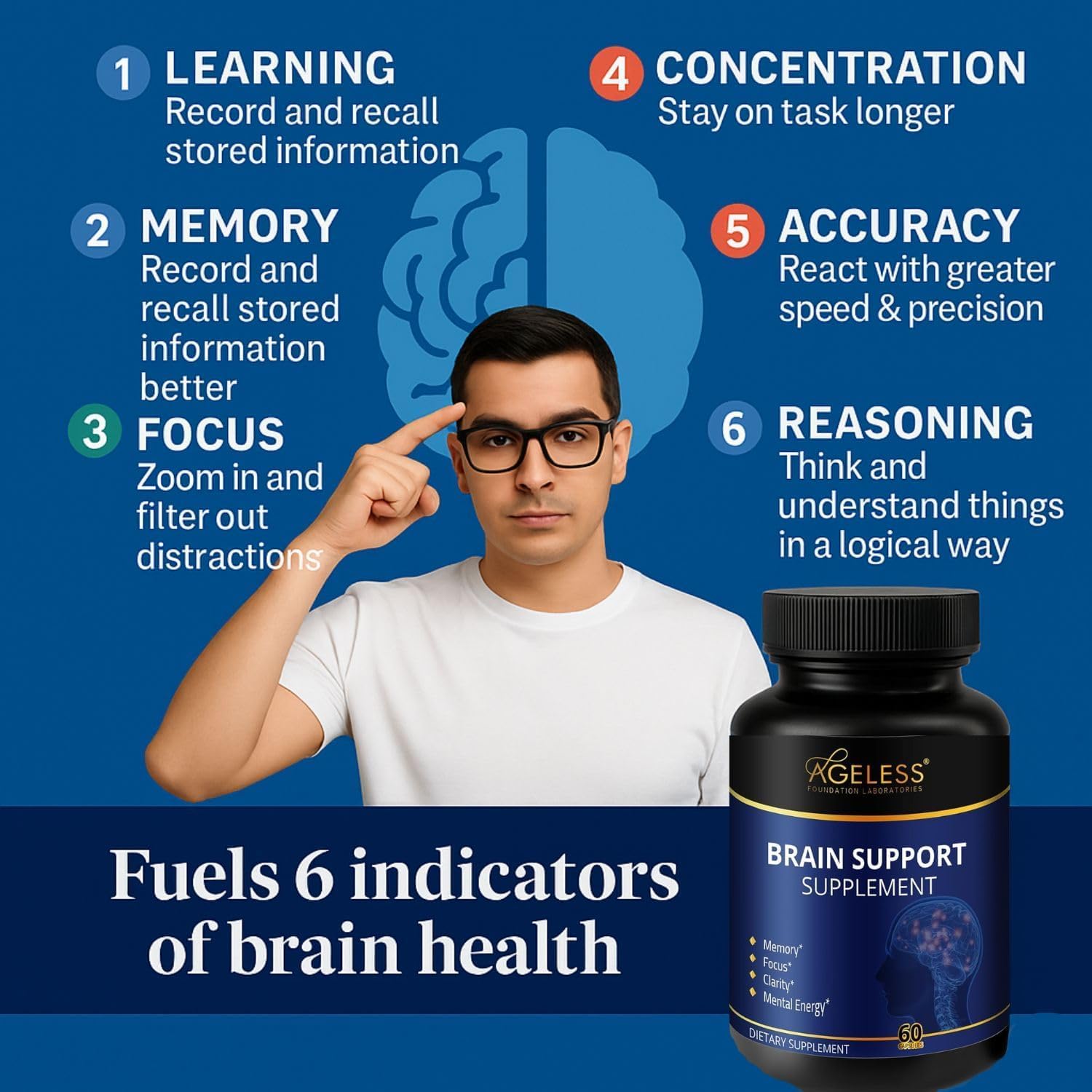 Ageless Brain Supplements for Memory and Focus 1000 MG | Cognitive Improvement | Formulated with Clinically Studied Ingredients | Support Mental Clarity & Neuro Health | Vitamin B6, B12, 60 Capsules - Image 3