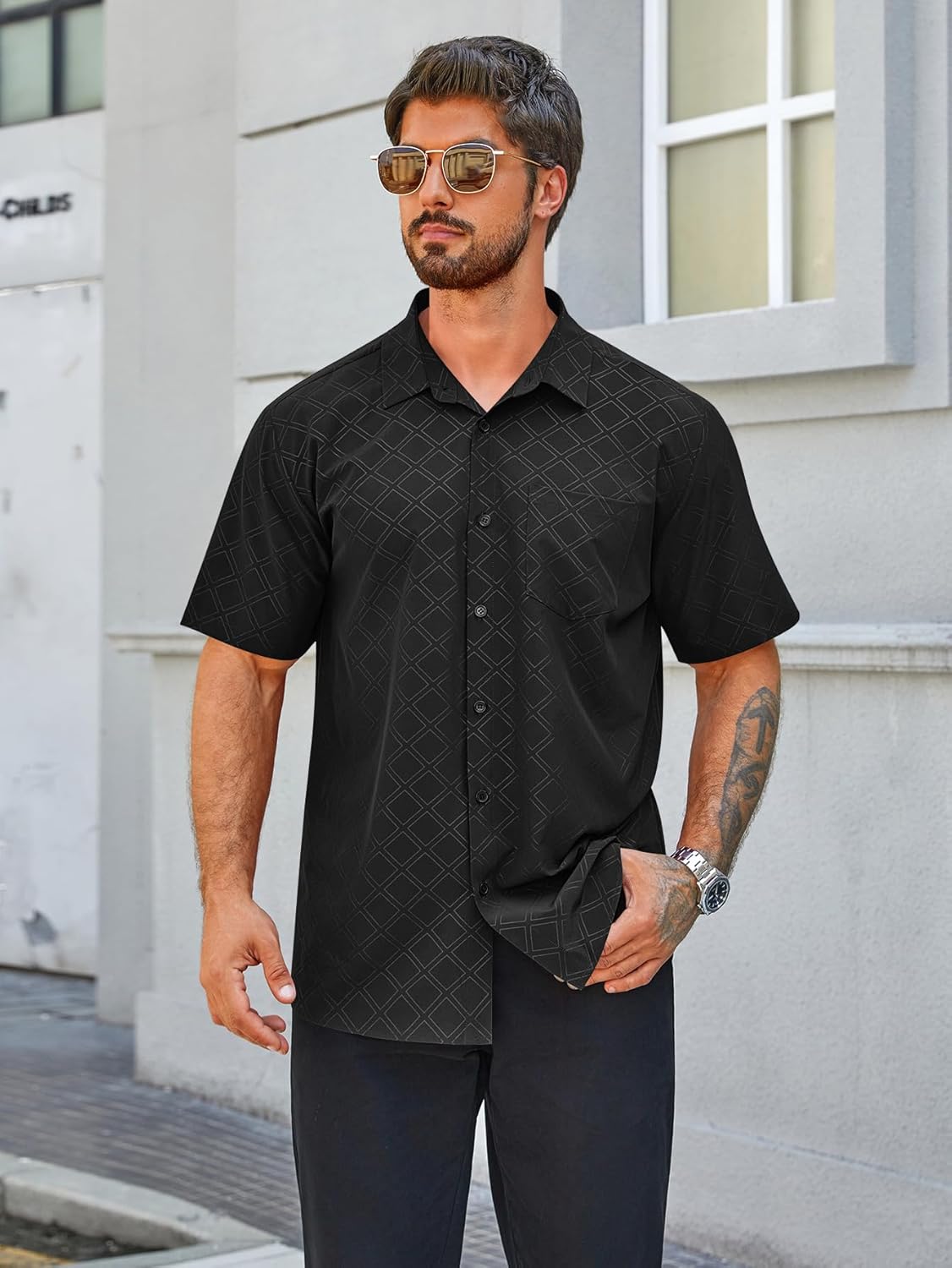 Hardaddy Men's Casual Button Down Shirt Short Sleeve Four-Way Stretch Printed Button Up Business Dress Shirt for Men - Image 3